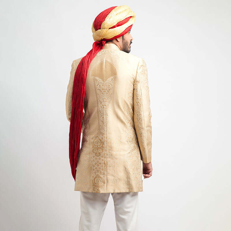 Arsalan Iqbal Champagne Gold Brocade Short Sherwani for Men | Elegant Indian Wedding Outfit | Perfect for Groom, Festivals & Special Occasions