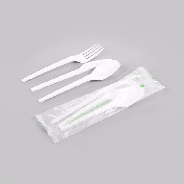 Eco-Friendly Compostable CPLA Plastic Cutlery Set - 100-Piece Heat Resistant White Utensils with Biodegradable Wrapper (6.5
