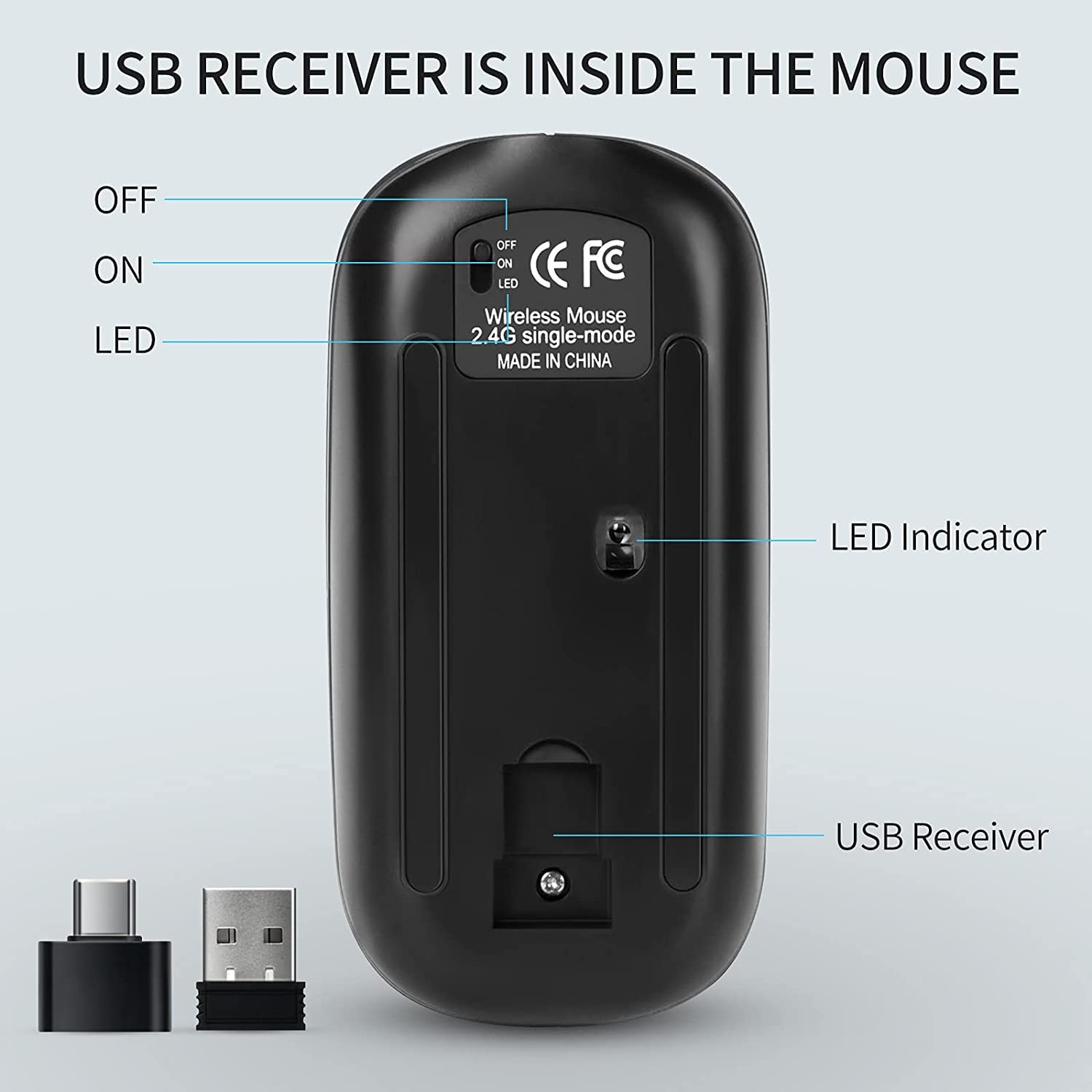 KBCASE Slim Silent Wireless Mouse - 2.4G Rechargeable LED Mouse for Laptop, MacBook, iPad, Chromebook with USB & Type-C Receiver - Perfect for Office, Home, and Travel Use