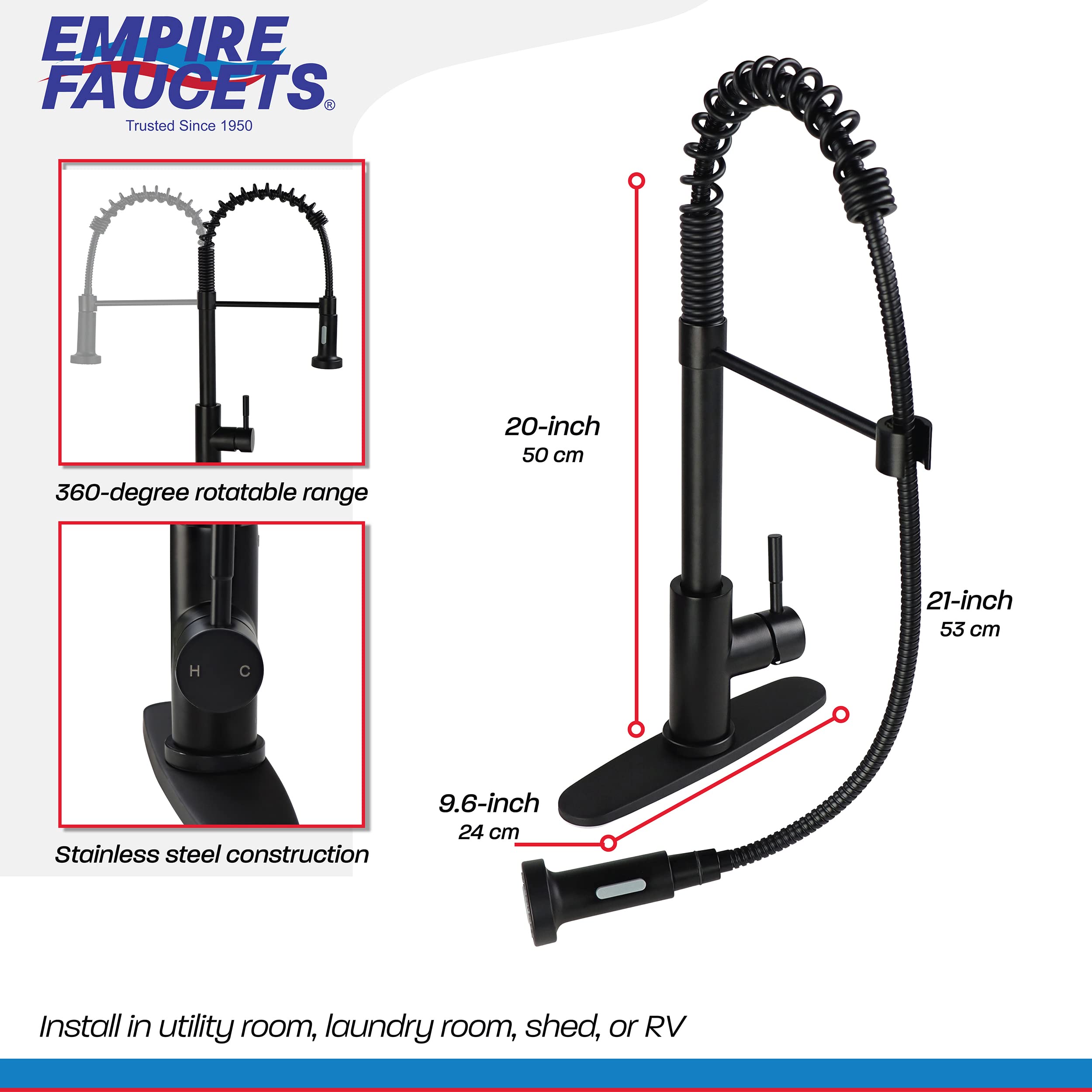 Empire Faucet Black Brushed Nickel Pull Down Sprayer Kitchen Sink Faucet with Optional Deck Plate - Modern Water Saving Design for Cooking, Washing Dishes & Food Prep