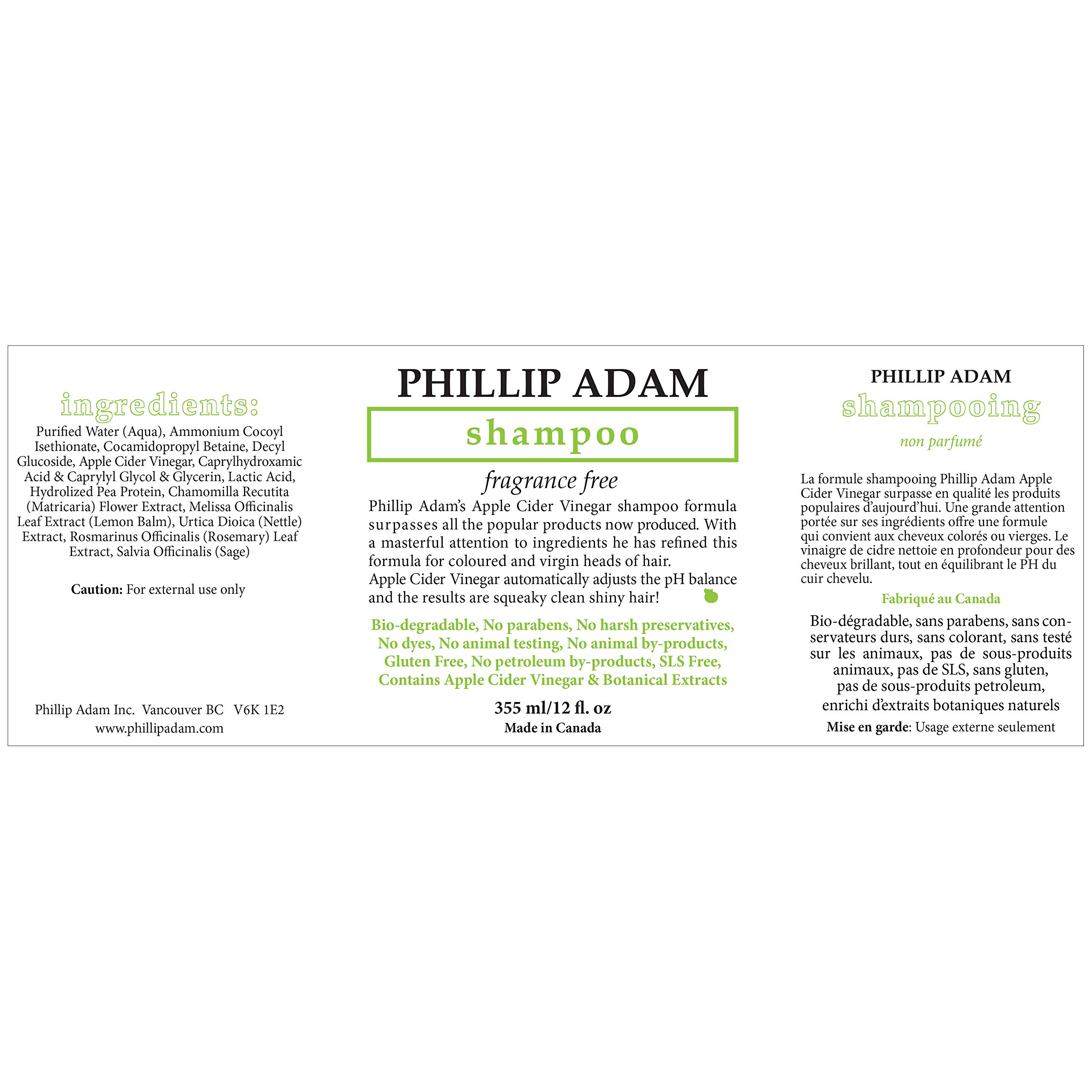 Phillip Adams Fragrance Free Shampoo & Conditioner Set with Apple Cider Vinegar - pH Balanced Formula for Shiny, Smooth Hair - 12oz Each - Perfect for Sensitive Scalp & Color-Treated Hair Care