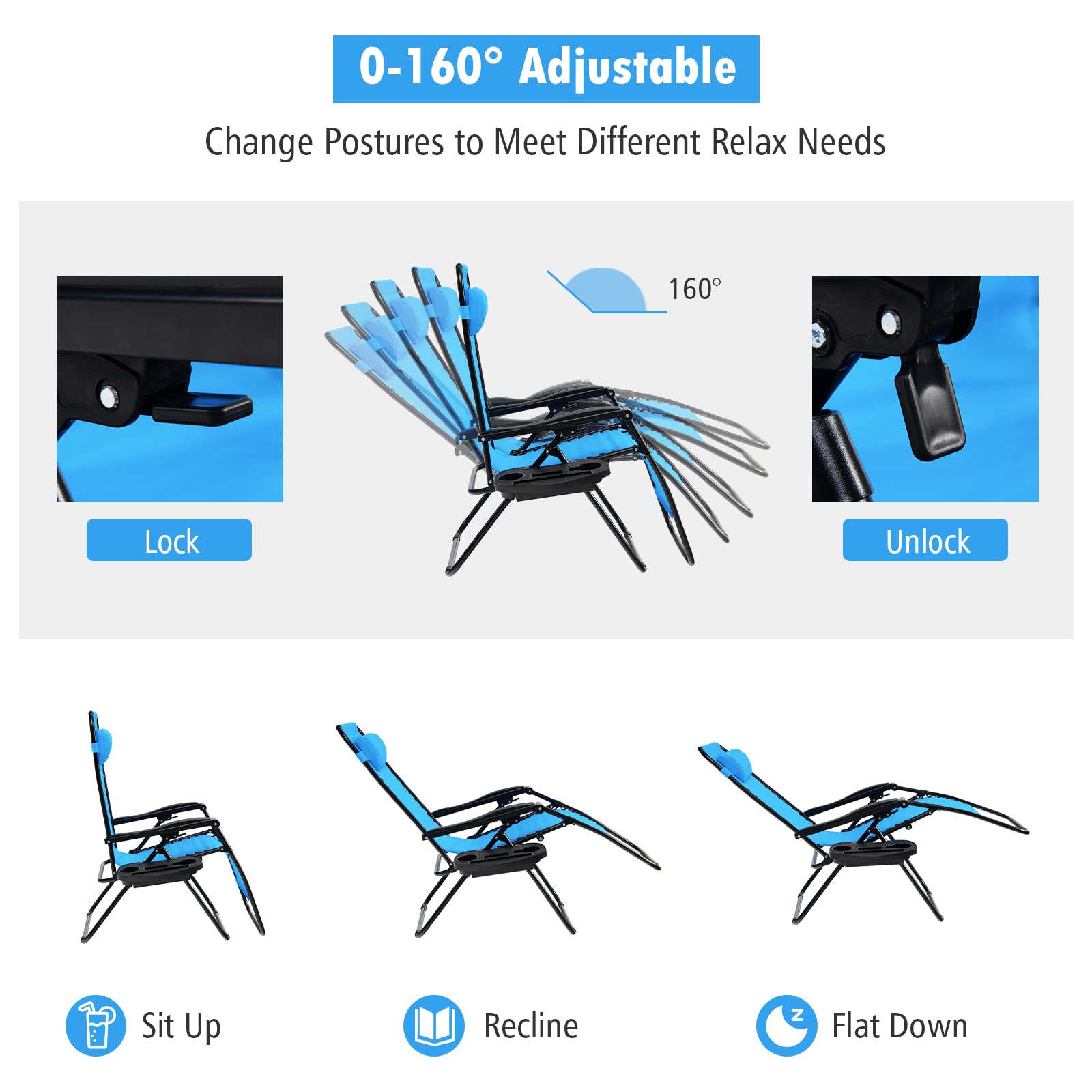 Tangkula Zero Gravity Chair - Adjustable Folding Outdoor Lounge Chair with Cup Holder & Wide Armrests, Supports 350 lbs - Perfect for Patio, Garden, Poolside, Beach & Backyard Relaxation (Blue)