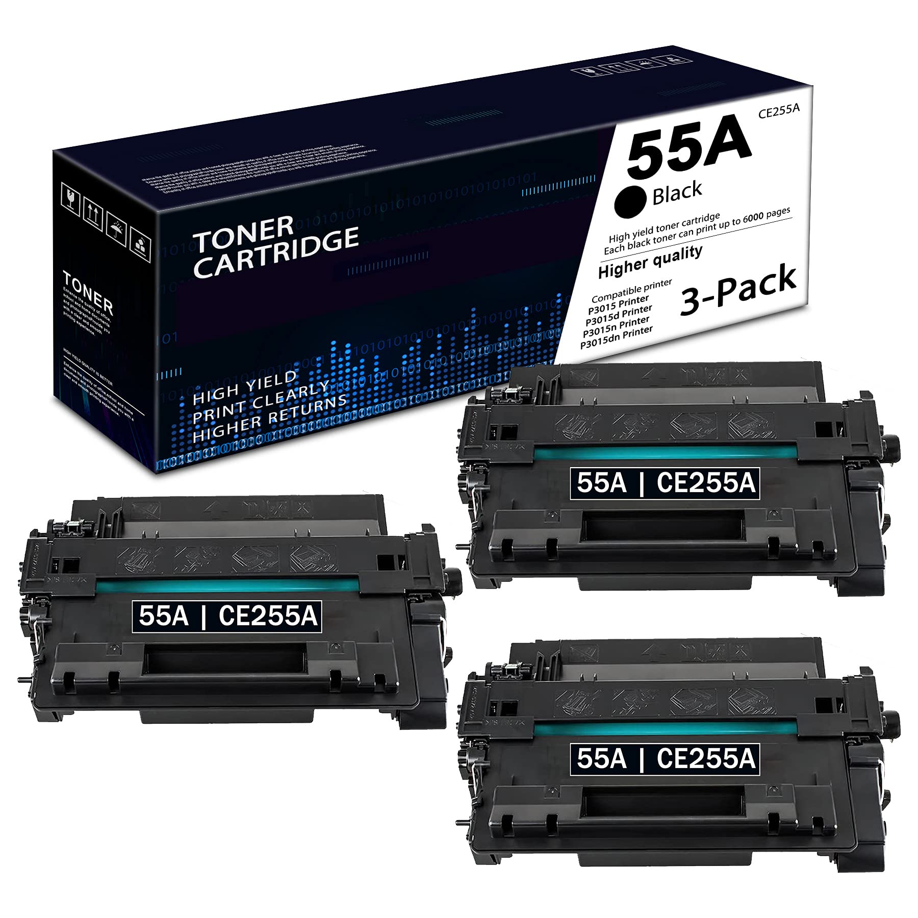 3-Pack CE255A Compatible Toner Cartridge - Replacement for HP 55A (P3015x/P3015 Series, Pro MFP M521dn/dw, Enterprise 500 MFP M525 Series) - High Yield Printing for Office & Home Use