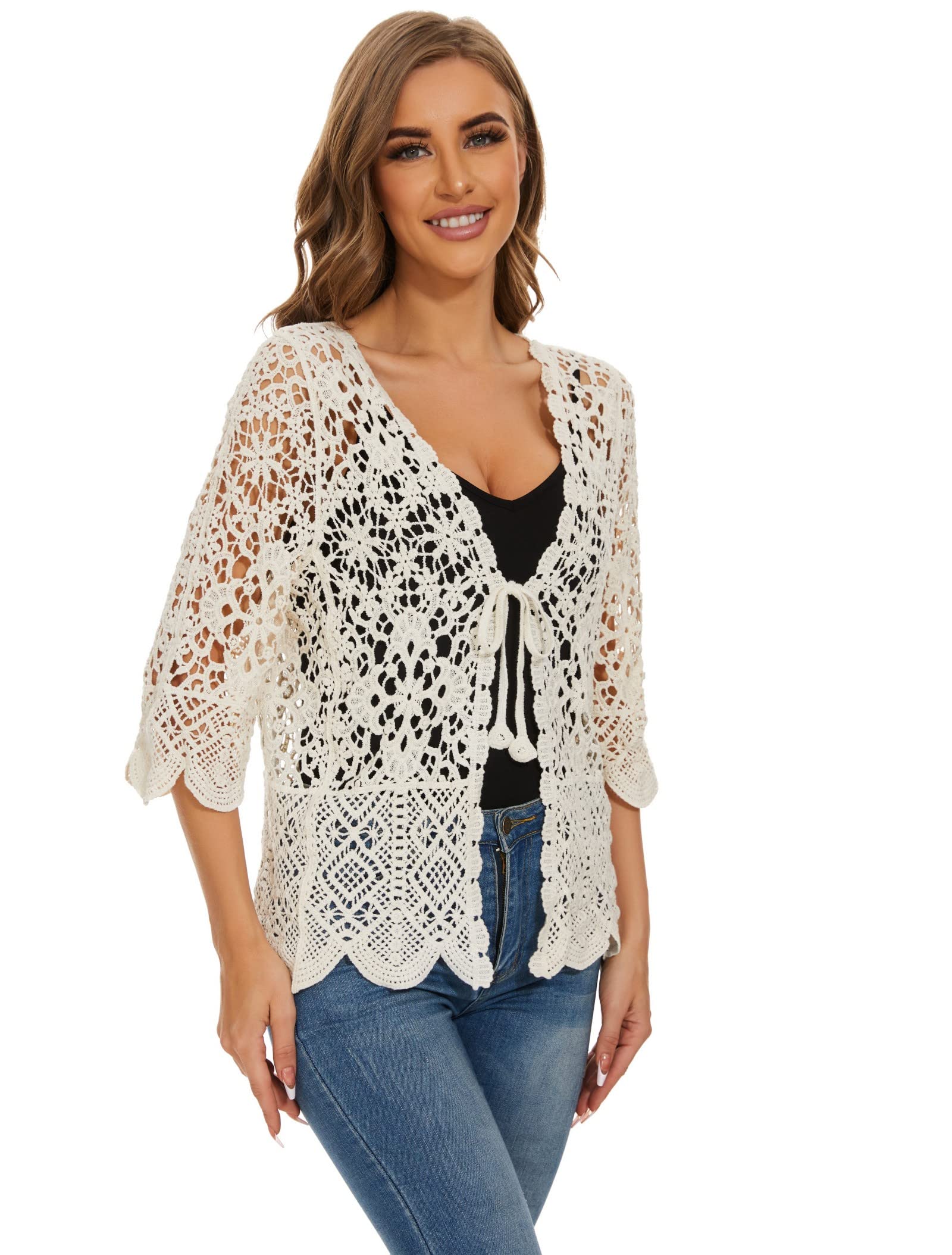 Women's Boho Floral Lace Crochet Cardigan - 3/4 Sleeve Cotton Cover Up for Casual Wear | Perfect for Beach, Spring Outfits & Layering