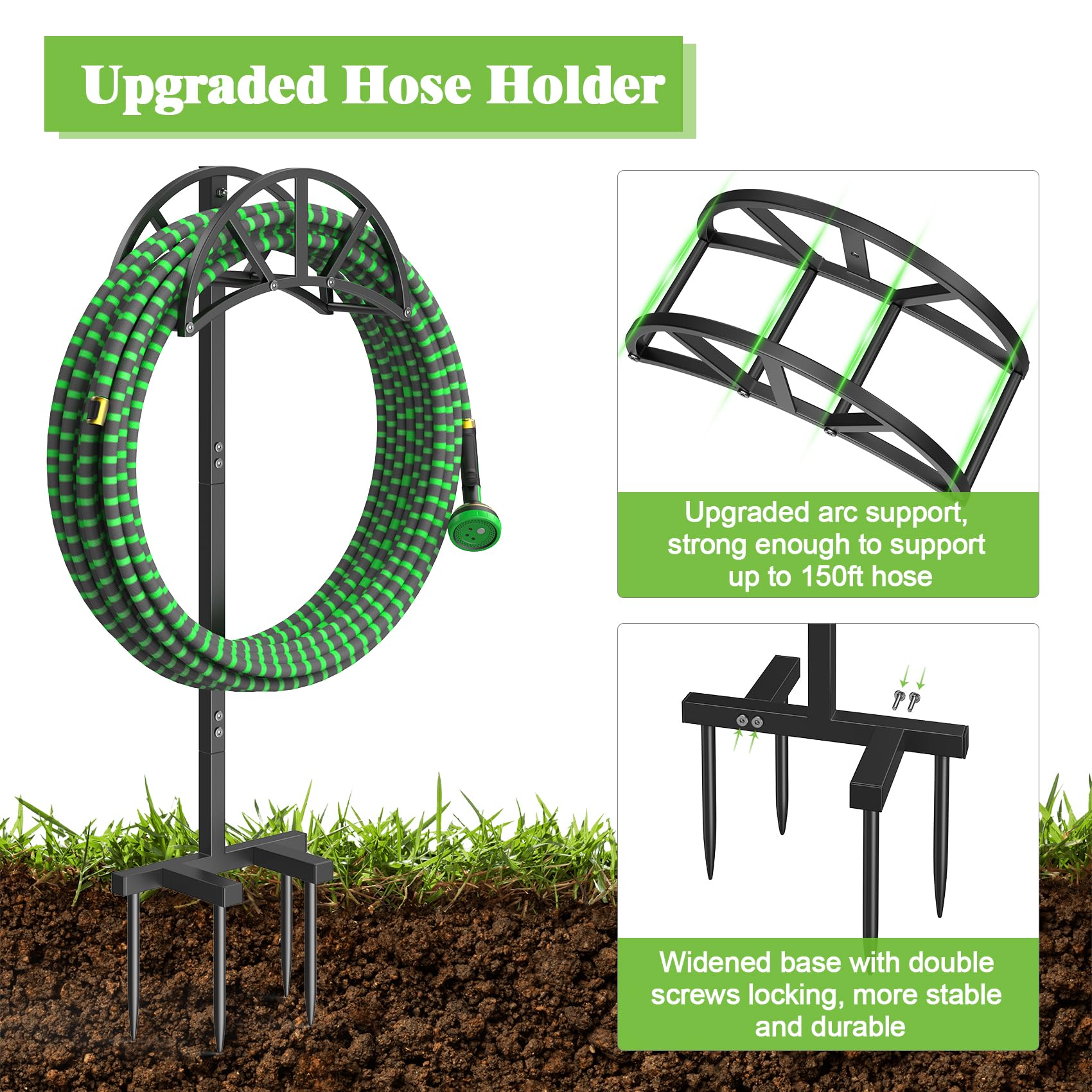 Mr IRONSTONE Heavy Duty Freestanding Garden Hose Holder with 4 Ground Spikes & Stainless Steel Screws - Outdoor Hose Stand Organizer for 150ft Hose - Perfect for Yard, Lawn, and Garden Watering Storage