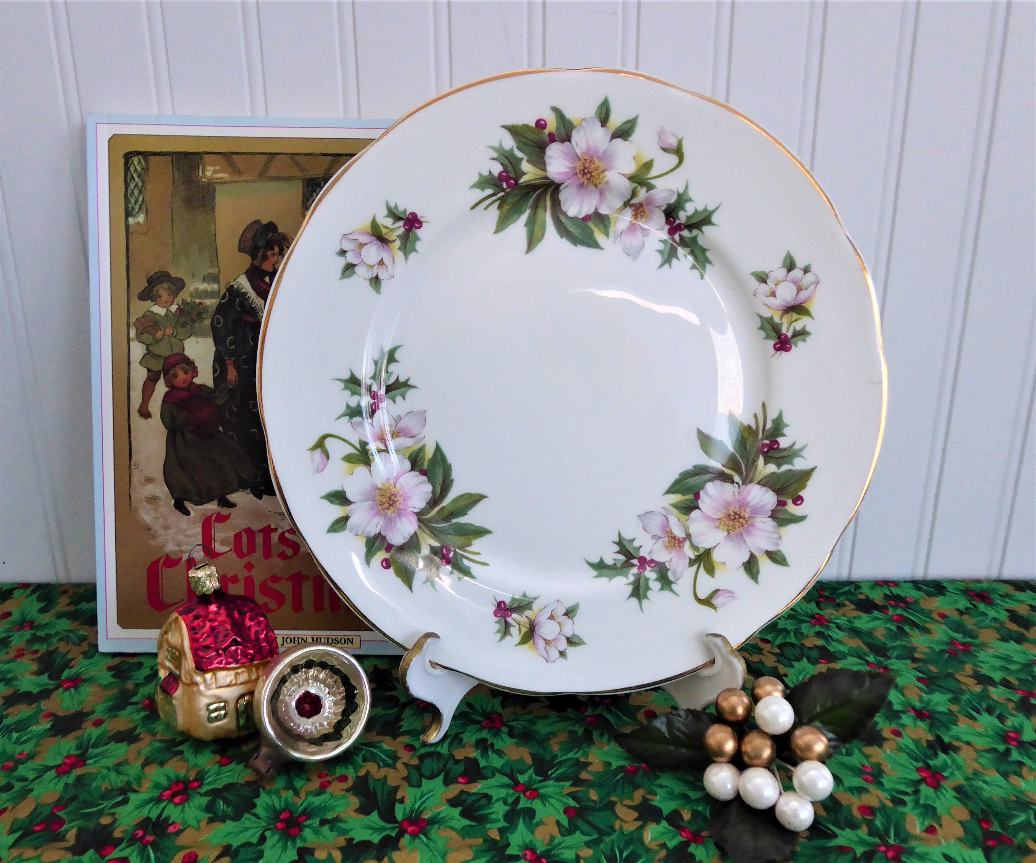 Vintage 1970s English Bone China Plate - Christmas Roses Holly Design, Salad Plate & Luncheon Plate for Holiday Dining & Collectors