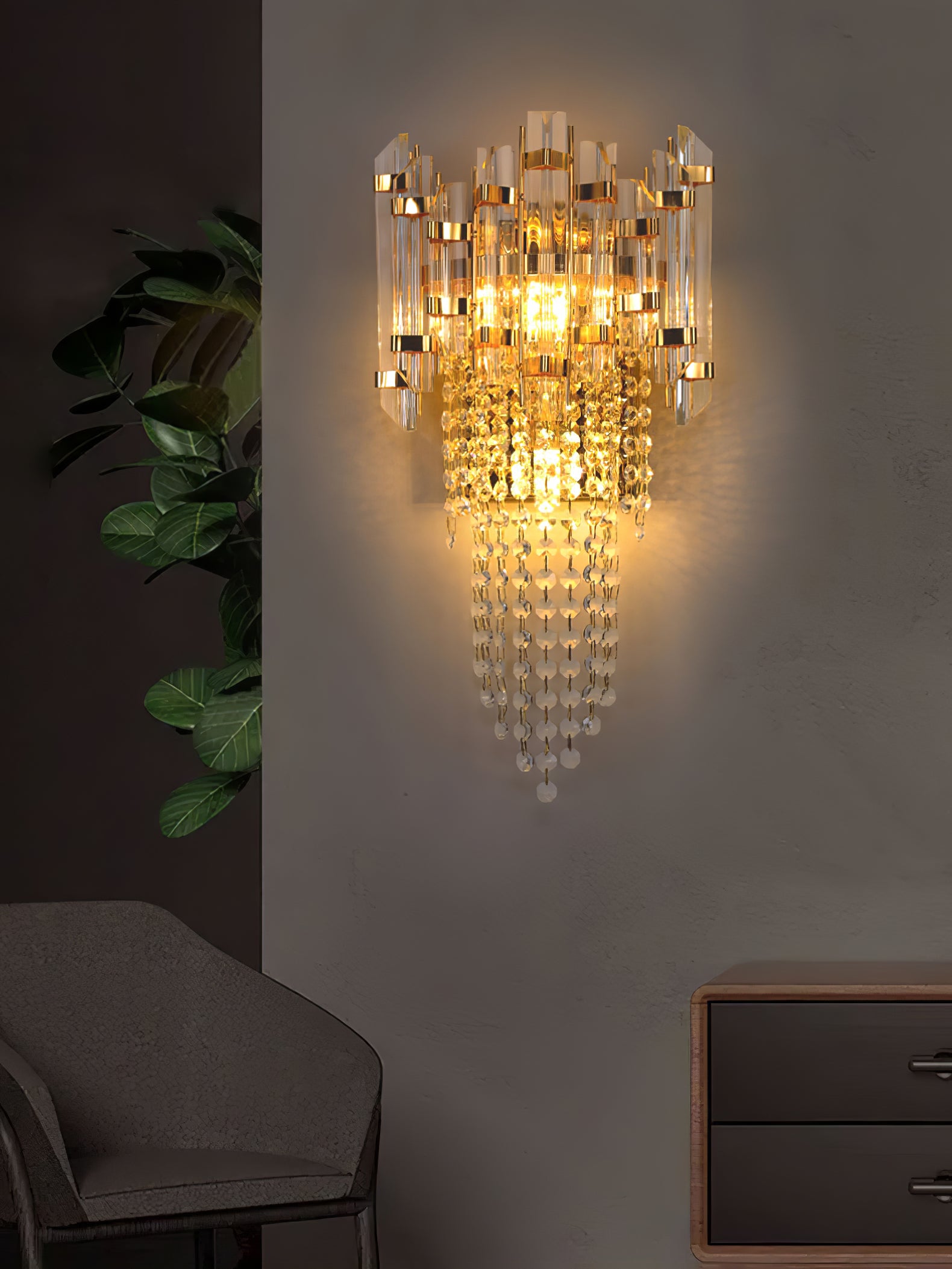 Crystal Tiered Wall Sconce - Elegant Clear Glass Light Fixture for Living Room, Bedroom, or Hallway Decor