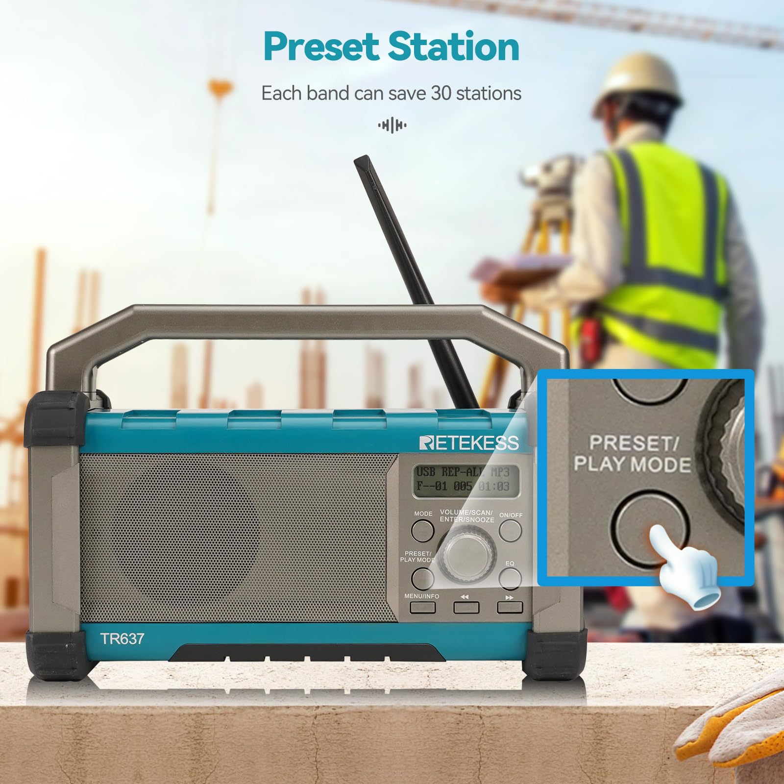 Retekess TR637 Jobsite Radio - Bluetooth AM/FM Work Radio with Rechargeable Battery, IP54 Waterproof, USB Support & EQ - Perfect for Construction Sites, Workshops & Outdoor Work