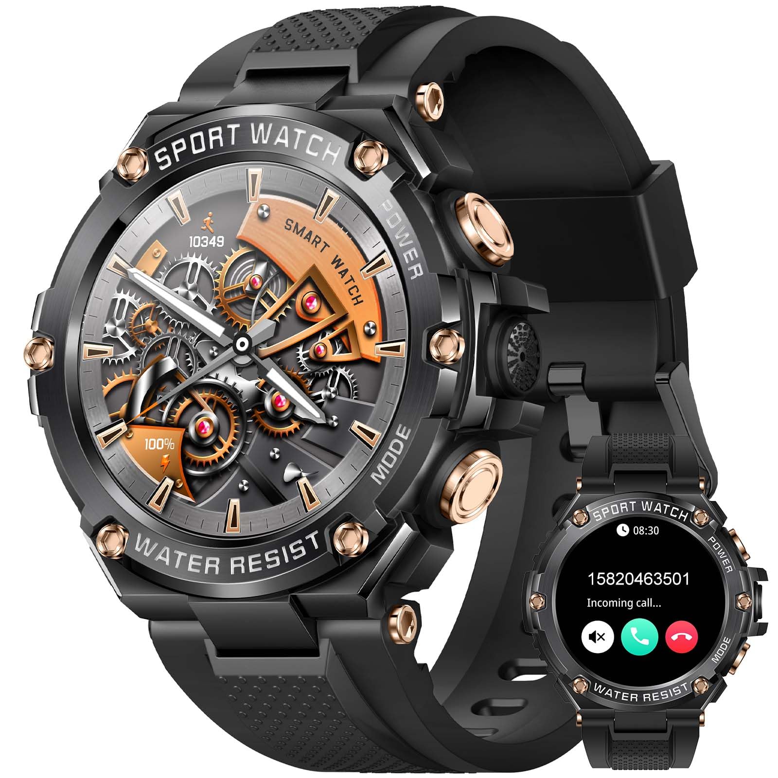 Military Tactical Smartwatch for Men - 800mAh Long Battery Life, Bluetooth Call Notifications, 1.5