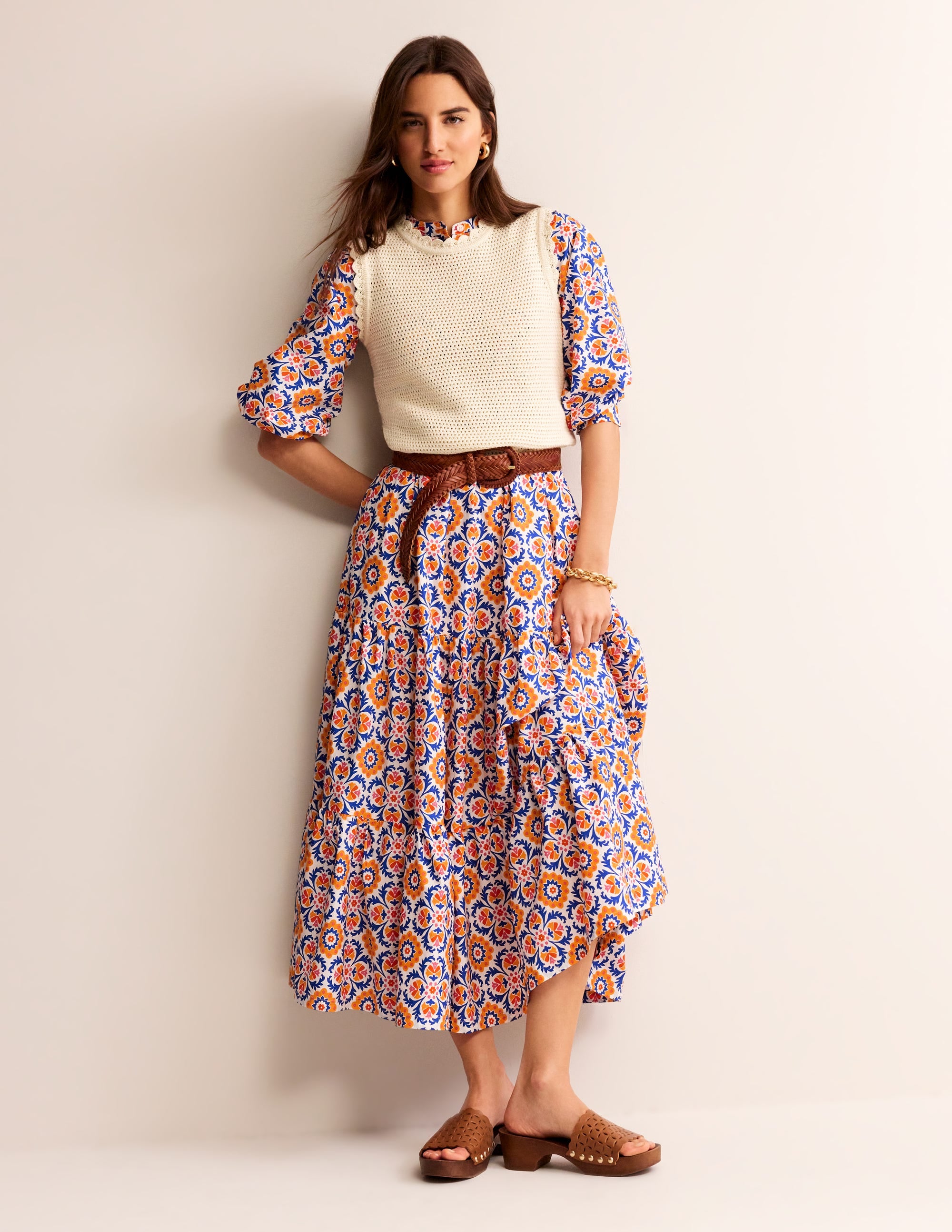 Alba Tiered Cotton Maxi Dress in Artisan's Gold & Mosaic Bloom Print | Flowy Boho Summer Dress for Beach, Vacation & Casual Outings