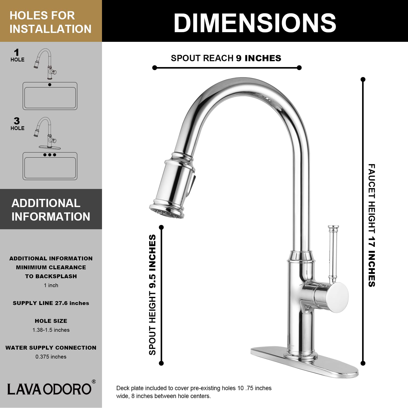 Lava Odoro Chrome Kitchen Faucet with Pull Down Sprayer - Single Handle Sink Faucet for 1 or 3 Hole Installation (Deck Plate Included) - KF421-C - Perfect for Modern Kitchens and Easy Dishwashing