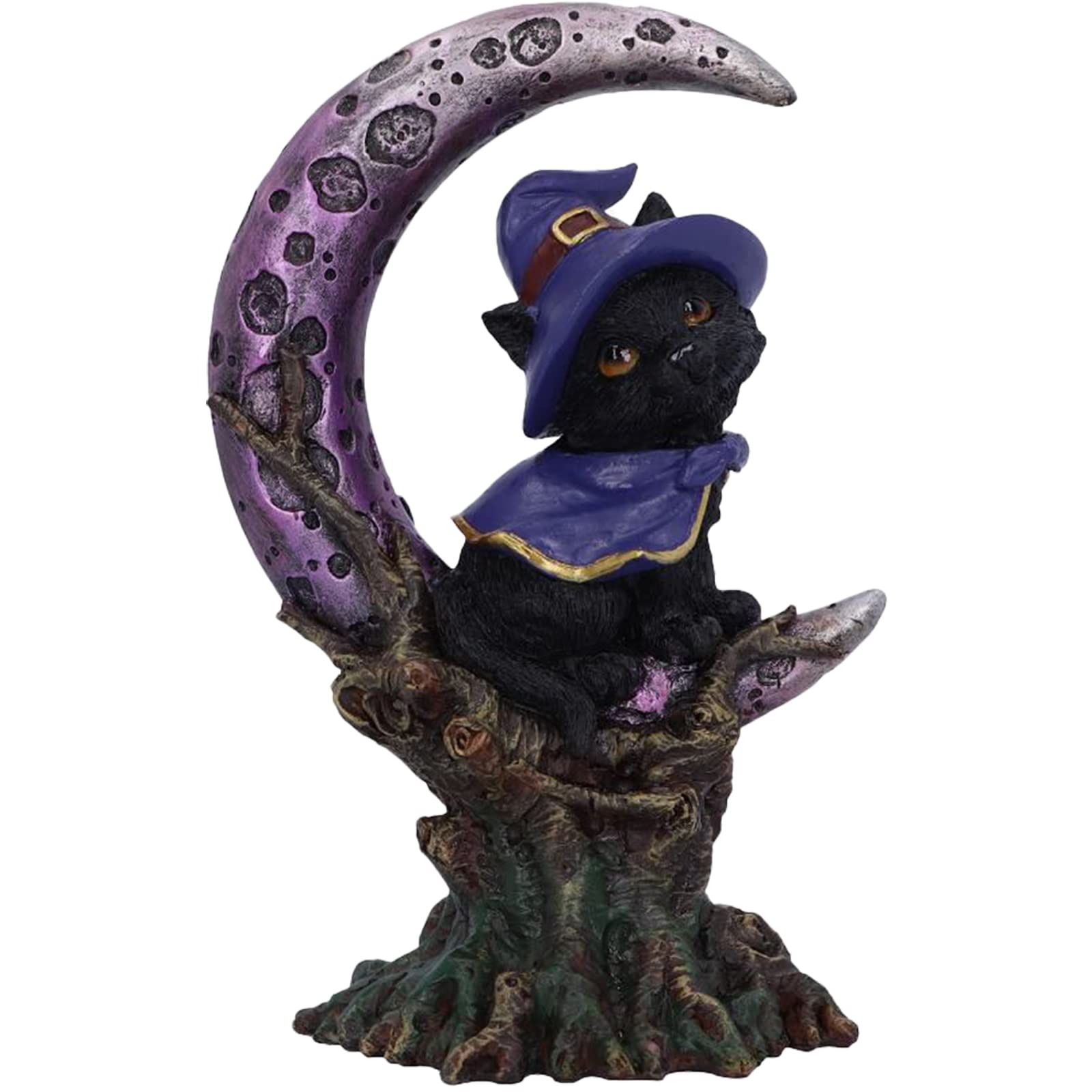 Realistic Black Cat Figurine with Witch Hat - Crescent Moon Halloween Decor, Resin Witch Familiar Statue for Desktop, Shelf & Home Decoration | Perfect for Halloween Party, Witchcraft Altar & Gothic Home Decor