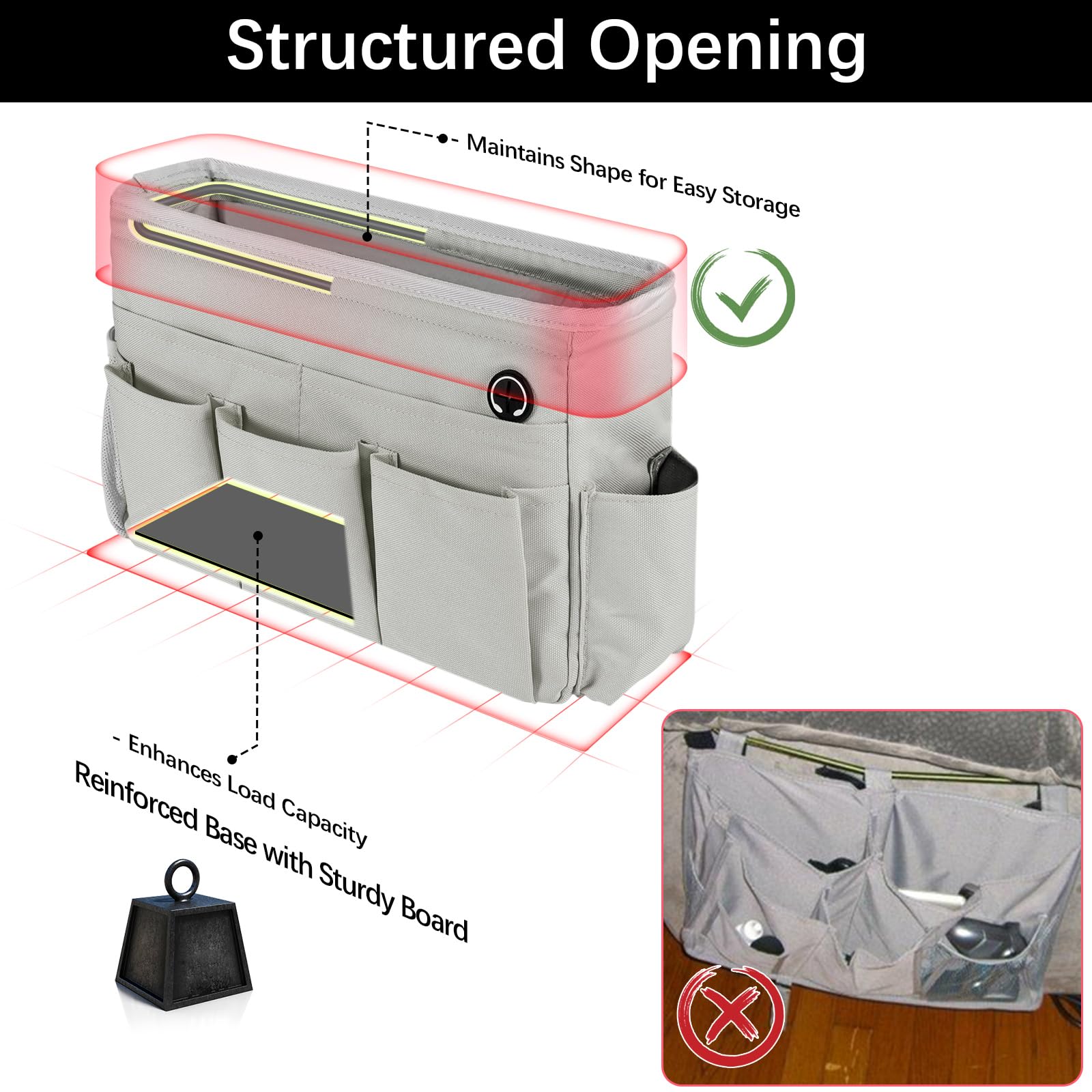 WOMACO Adjustable Bedside Storage Organizer - Light Mica Gray Hanging Basket for Bunk Beds, Loft Beds & College Dorms - Perfect for Books, Phones & Essentials - Medium Size CTB003 - Ideal for Dorm Rooms, Hospitals & Small Spaces