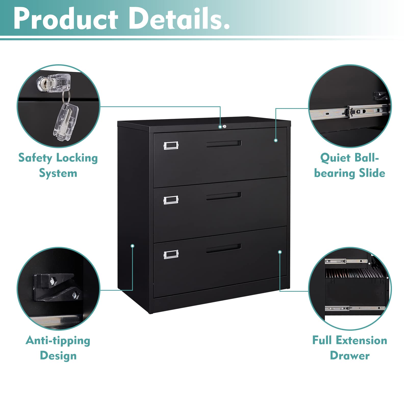MIIIKO 3-Drawer Lateral File Cabinet - Locking Metal Filing Cabinet for Home Office, Large Storage Organizer for Hanging File Folders, Easy Assembly - Perfect for Document Storage & Office Organization