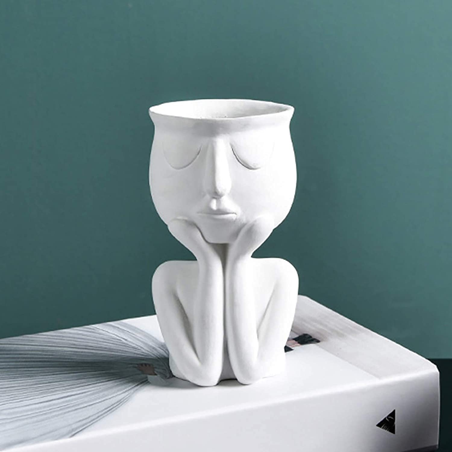 Modern Human Face Design Flower Pots & Planters with Stand - Indoor/Outdoor Decorative Plant Vases for Home Garden, Office Decor (Black)