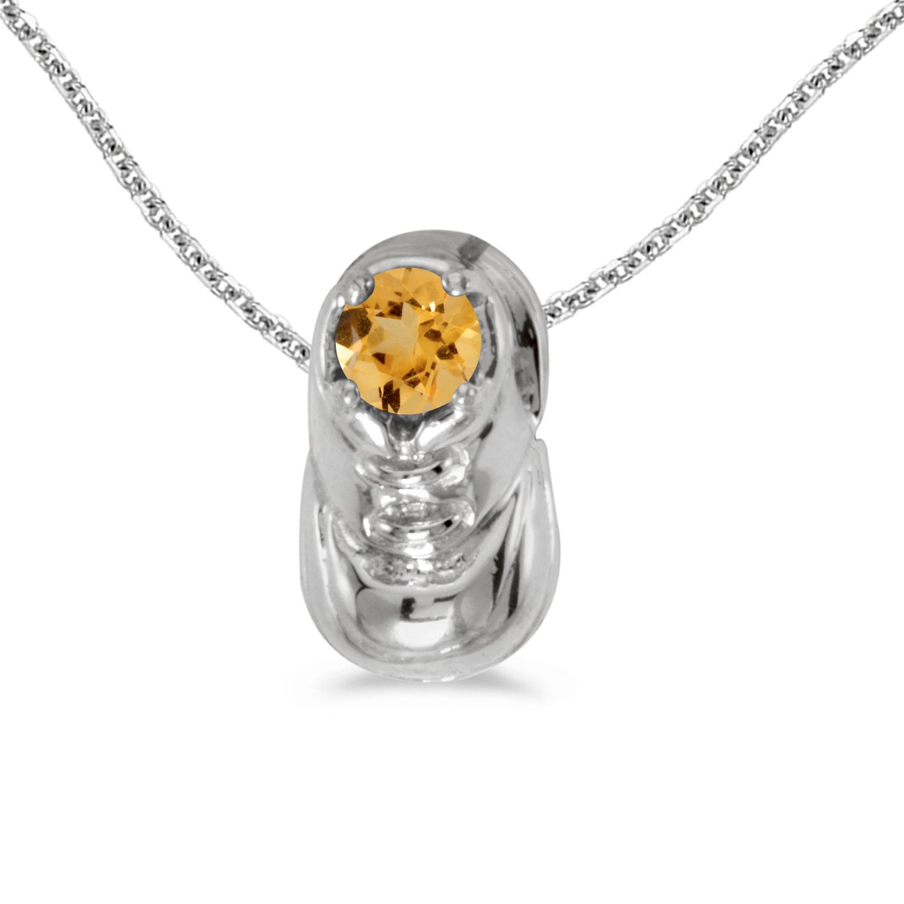 10K White Gold Round Citrine Baby Bootie Pendant Necklace with 16