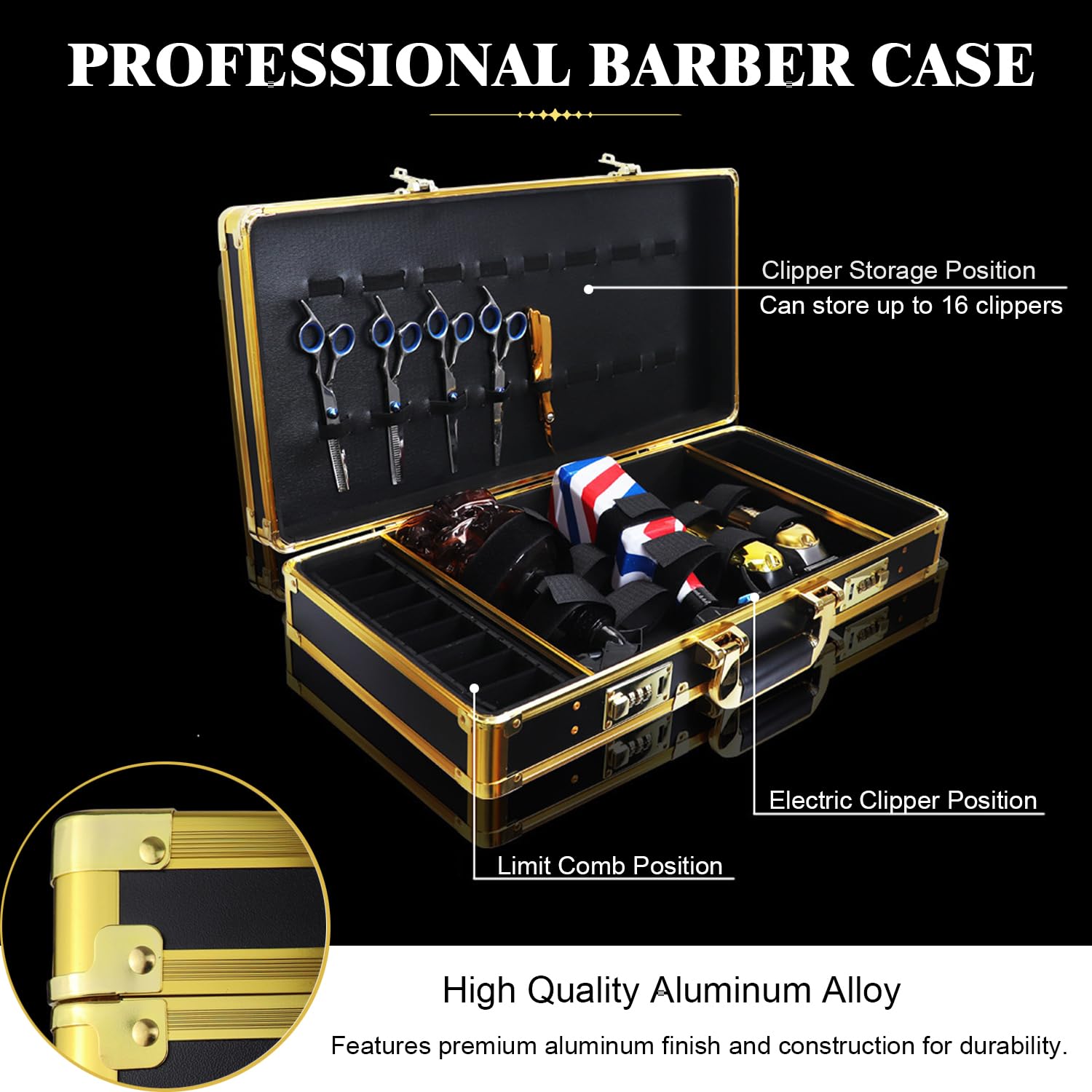 GYKLE Professional Barber Case for Clippers & Tools - Portable Hairdressing Storage Organizer with Handle & Secure Numlock - Travel-Friendly Gold Barber Supply Case for Salon, Home & On-the-Go Stylists