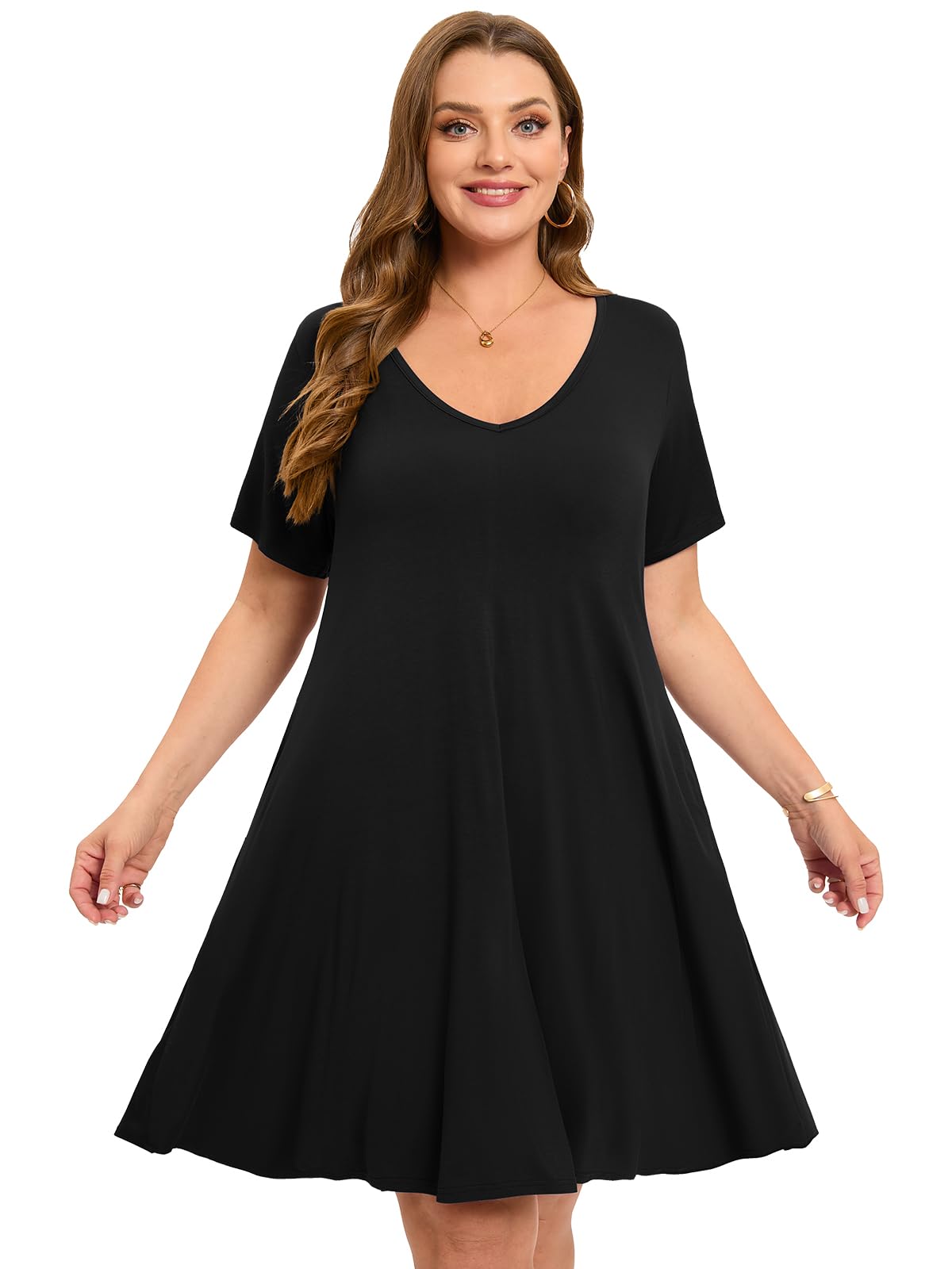 ZENNILO Women's Plus Size Swing Dress with Pockets - Casual Summer V-Neck Short Sleeve T-Shirt Dress for Women | Perfect for Beach, Vacation & Everyday Wear