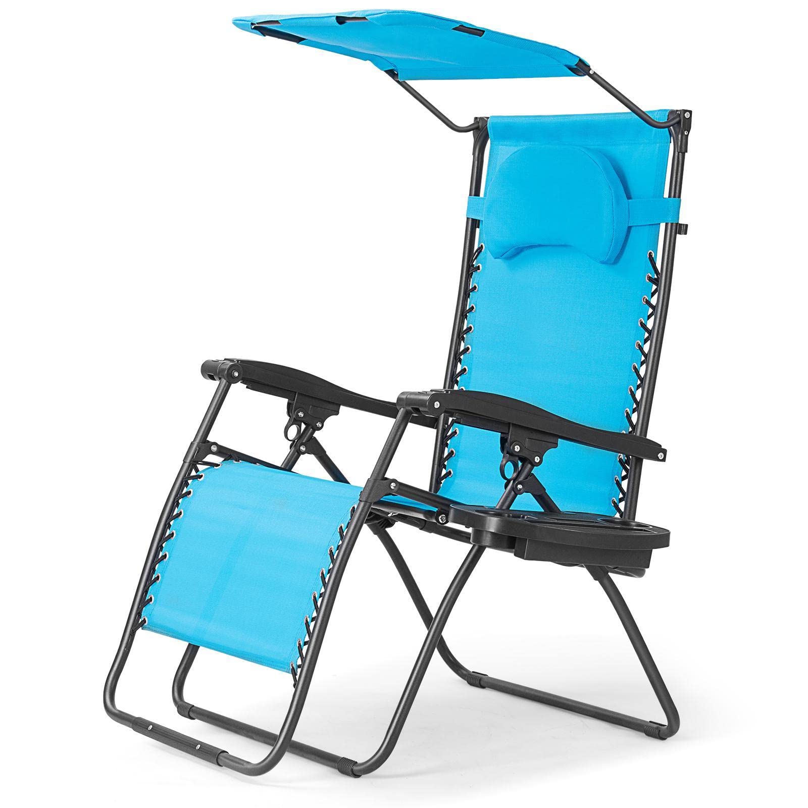 Moccha Zero Folding Gravity Recliner Lounger Chair with Adjustable Headrest & Lumbar Support - Patio Outdoor Lounge Chair with Shade Canopy & Locking System (Blue) - Perfect for Backyard, Poolside, Beach & Camping Relaxation