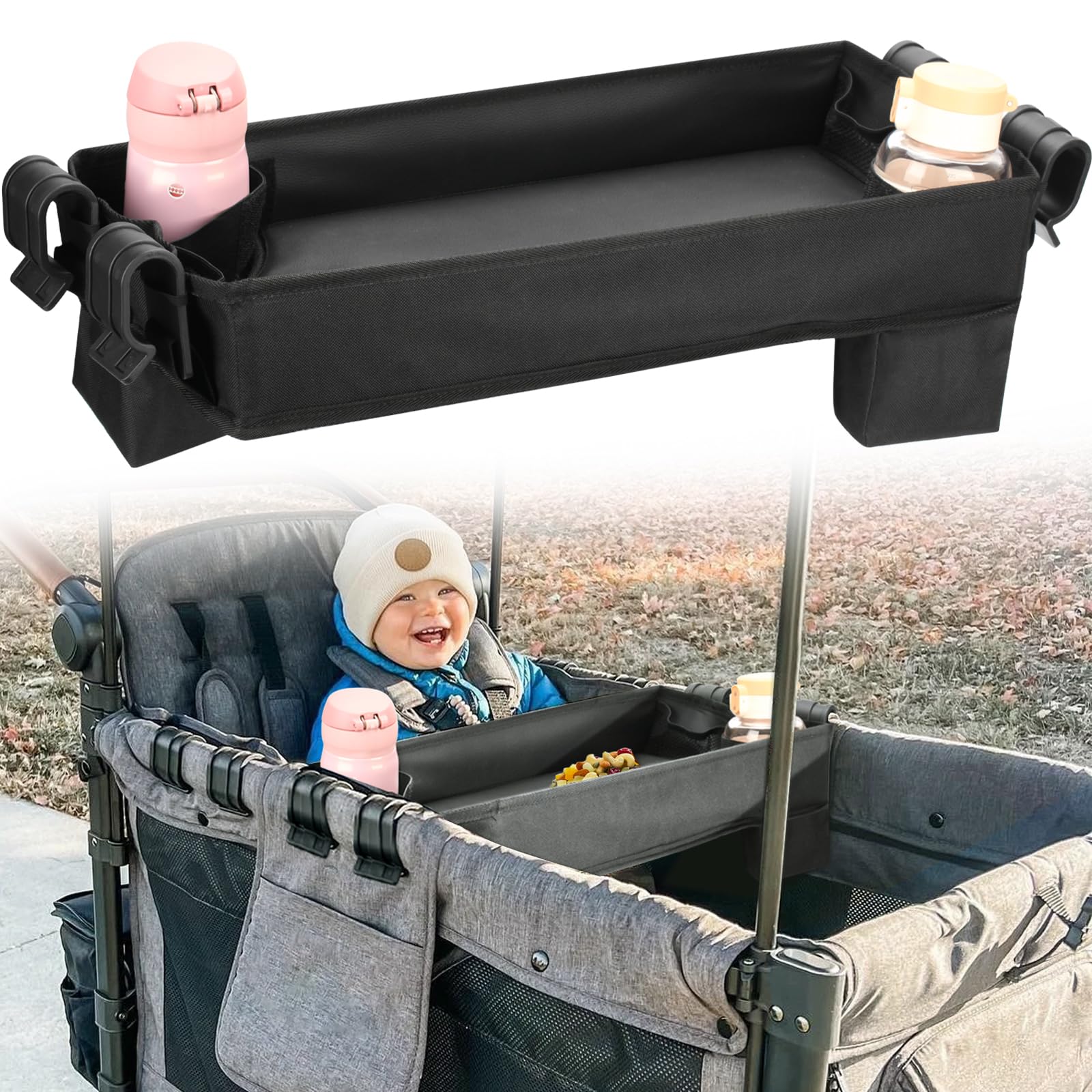 Upgraded Wonderfold Wagon W4 Series Stroller Snack Tray - Durable Faux Leather, Deep Cup Holder & Reinforced Sides - Easy to Clean Kids Toy Organizer for Snacks, Drinks & Essentials - Perfect for Park Outings, Zoo Trips & Family Adventures (W4 Model)