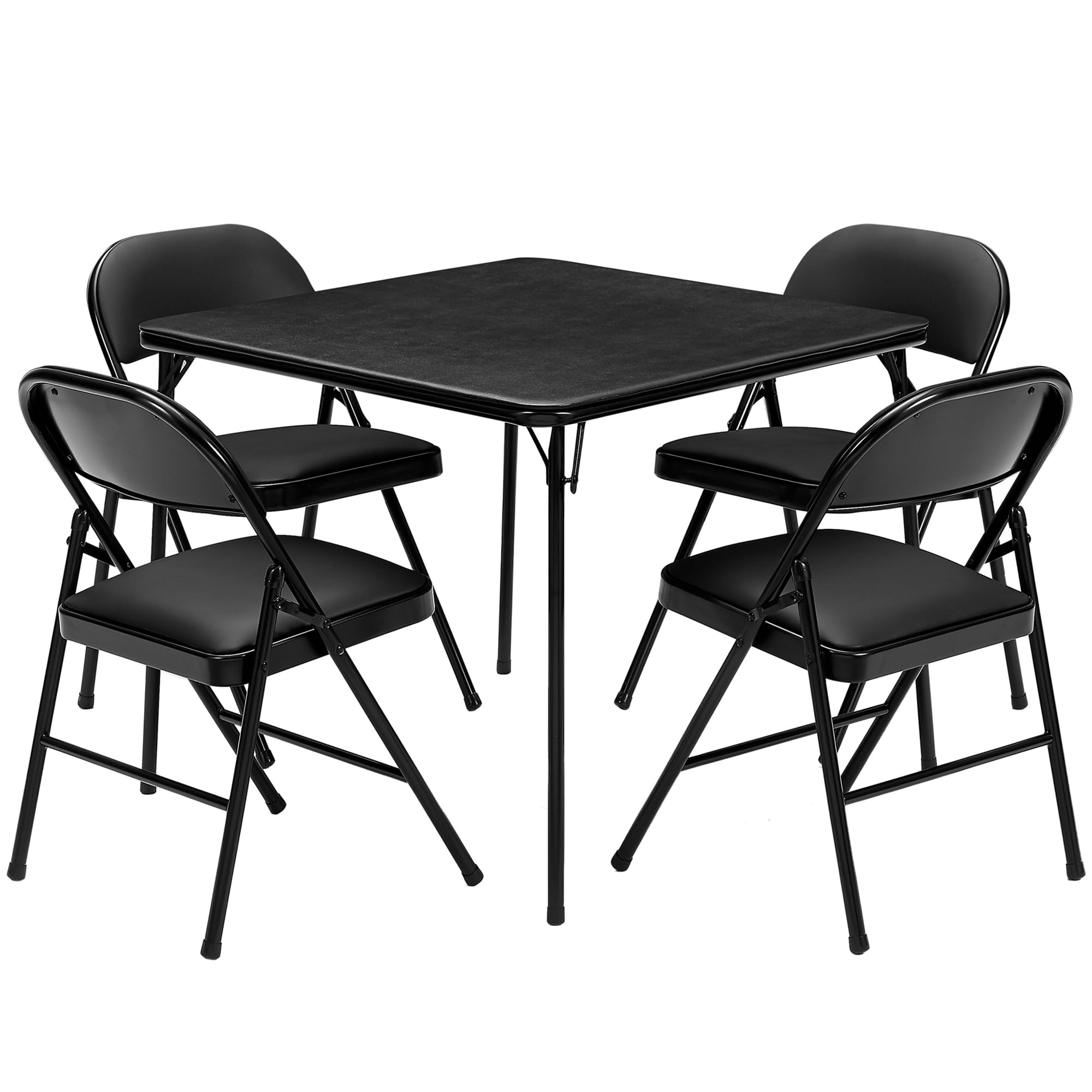 VECELO 5-Piece Portable Folding Card Table and Chair Set - Square Metal Frame with Collapsible Legs & Vinyl Upholstery in Black | Perfect for Game Nights, Outdoor Parties, and Indoor Gatherings