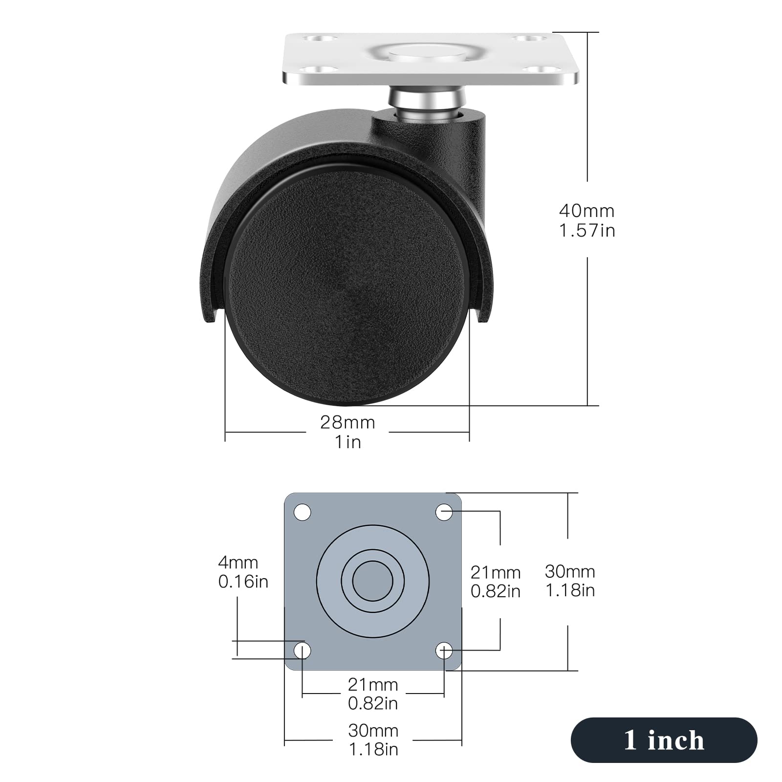 4-Piece 1-Inch Nylon Plastic Swivel Casters for Furniture & Workbenches - Heavy Duty Replacement Wheels for Tables, Carts & Office Chairs (Black) - Perfect for Home, Workshop & Office Mobility