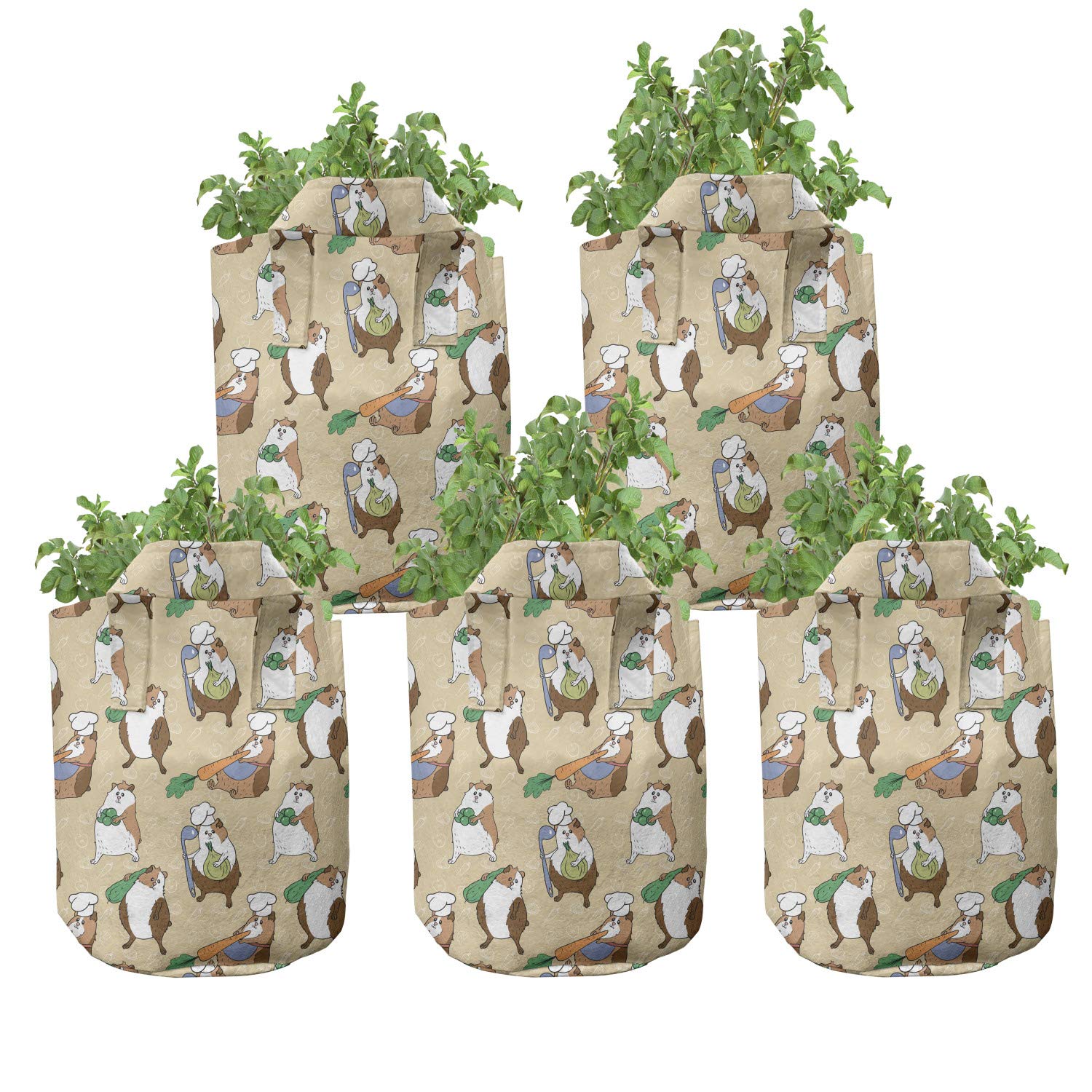 Lunarable 5-Pack Guinea Pig Grow Bags - Heavy Duty 7 Gallon Fabric Plant Pots with Handles, Chef Animals & Carrot Design, Multicolor - Perfect for Indoor/Outdoor Gardening, Vegetables, Herbs & Flowers