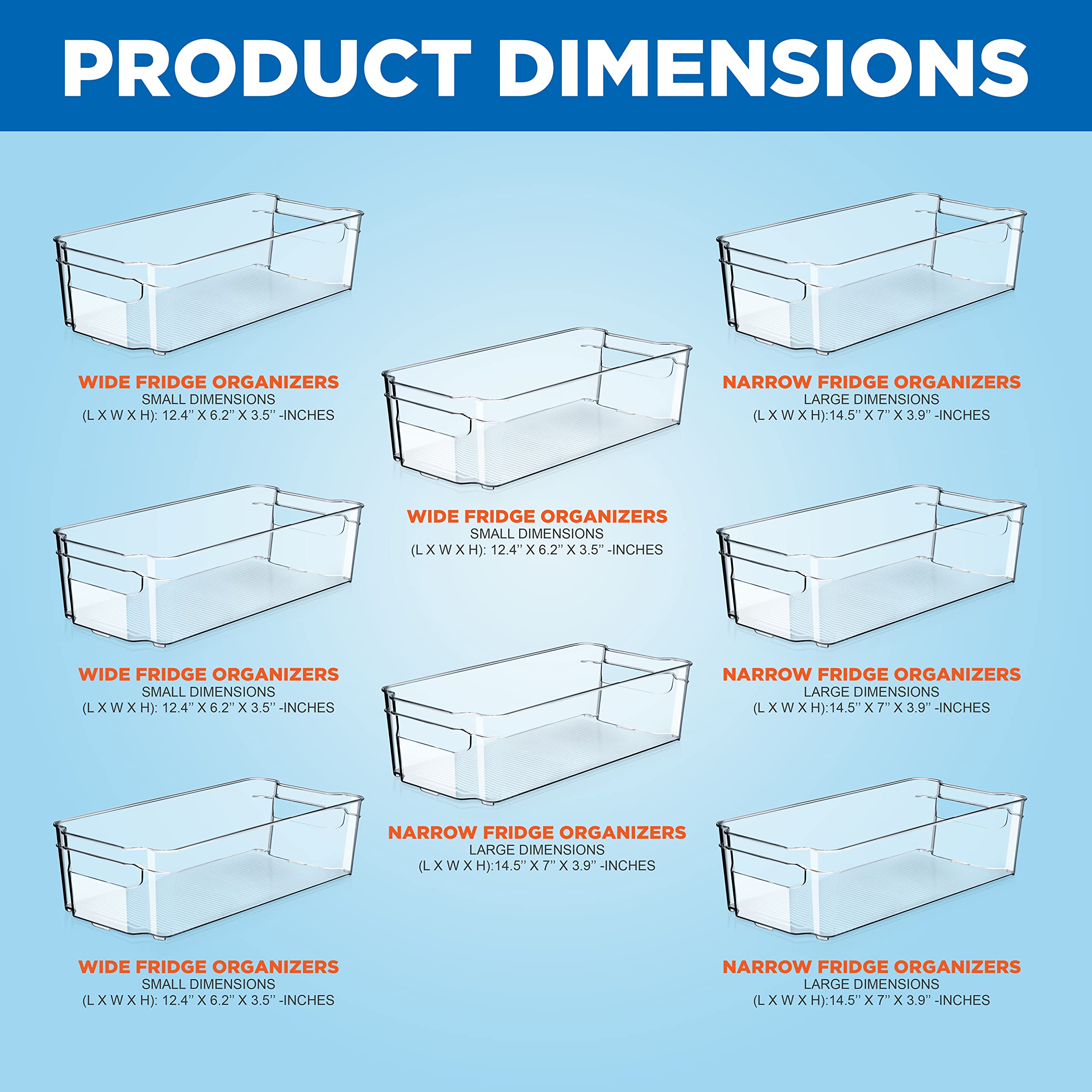 NutriChef 8-Piece Clear Refrigerator Organizer Bins Set - BPA Free Plastic Storage Containers for Fridge, Freezer, Kitchen Cabinets & Pantry (4 Wide + 4 Narrow) - Perfect for Food Storage, Meal Prep & Kitchen Organization