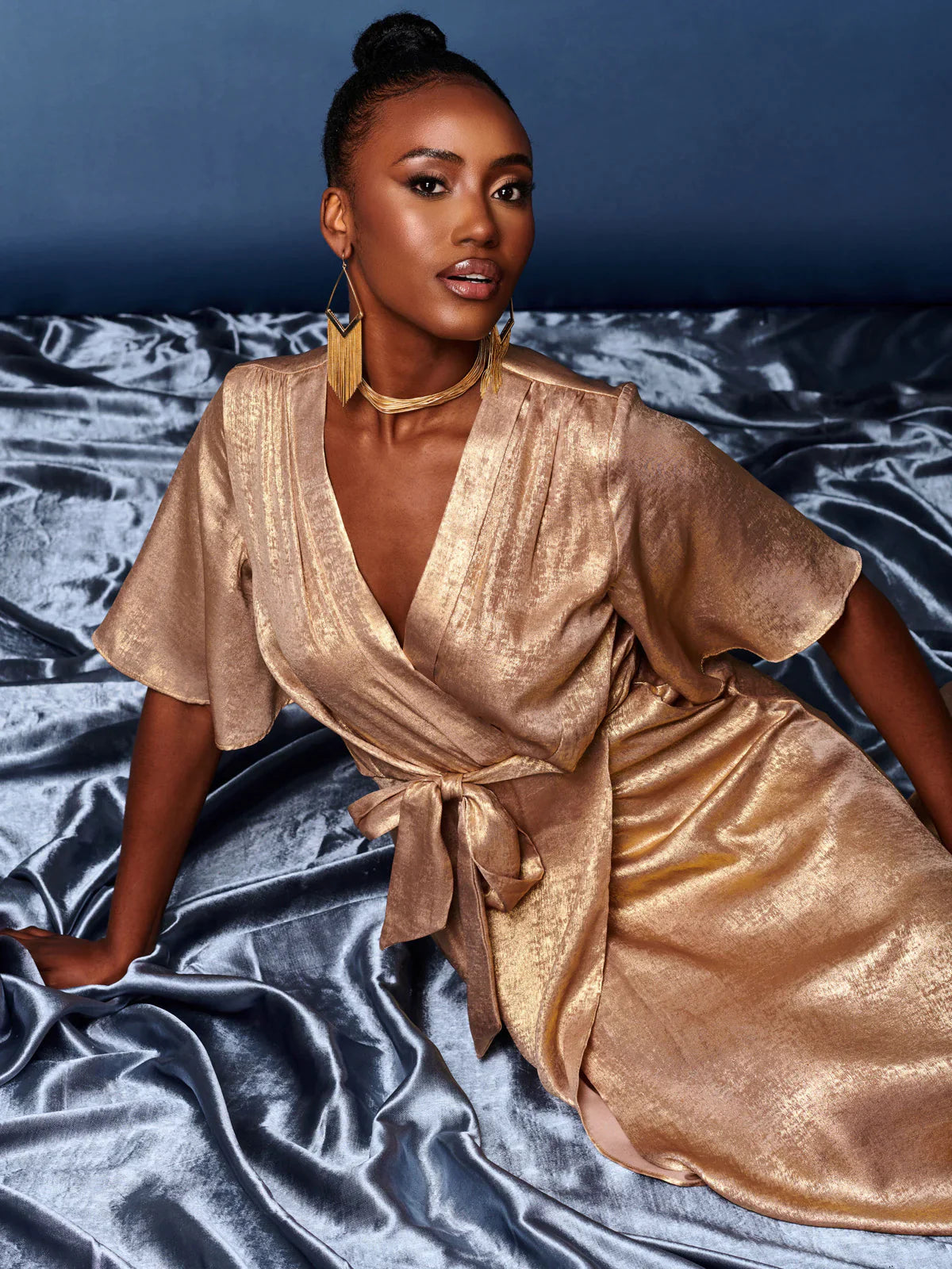 Metallic Effect Wrap Maxi Dress - Gold Curve - Elegant Evening Gown for Women, Perfect for Parties, Weddings & Special Occasions