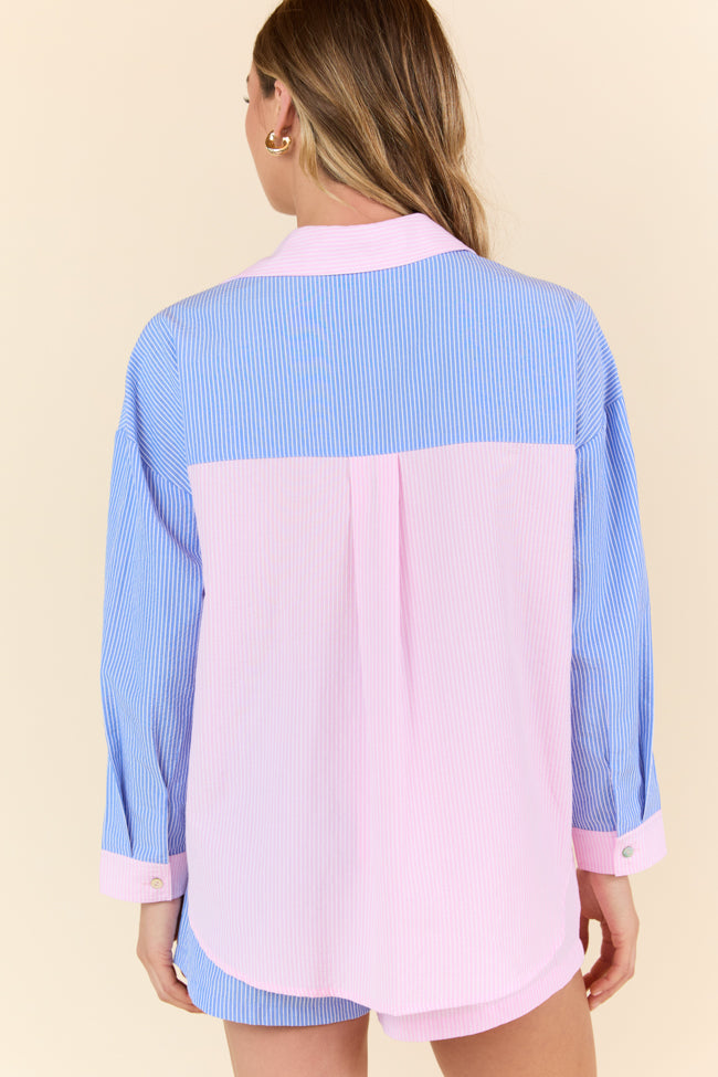 Perfect Days Blue and Pink Color Block Striped Long Sleeve Lounge Top - Soft Comfortable Women's Casual Shirt for Home, Yoga & Relaxation