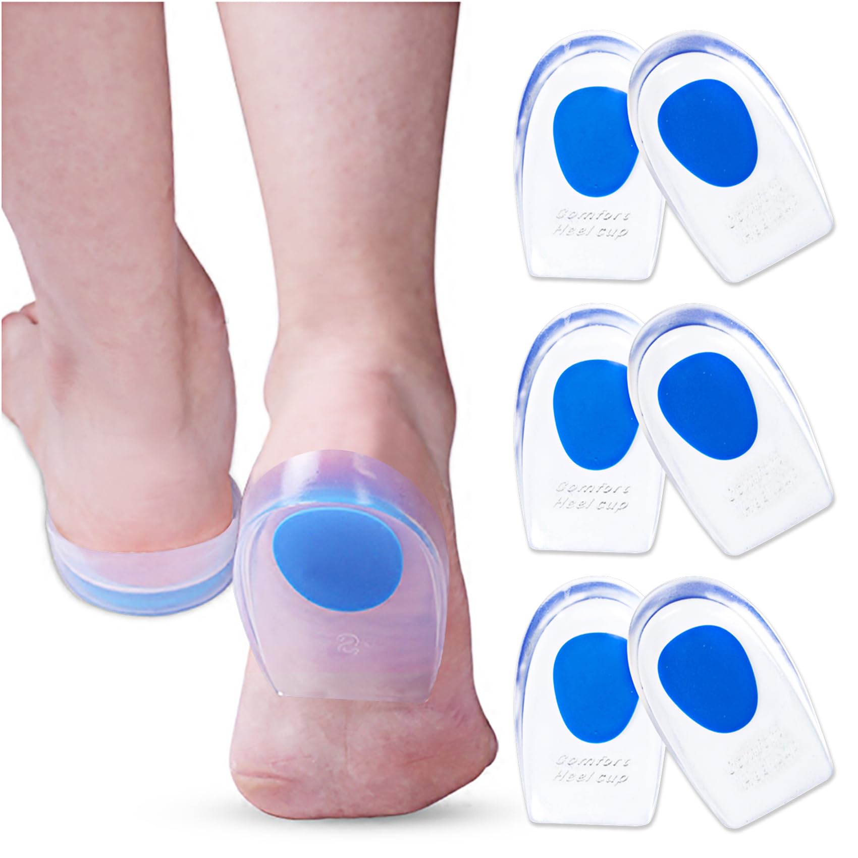 3 Pairs Silicone Gel Heel Cups for Plantar Fasciitis Relief - Shock Absorbing Heel Pads for Heel Pain, Bone Spurs & Achilles Tendon Support - Perfect for Running, Walking & Everyday Comfort