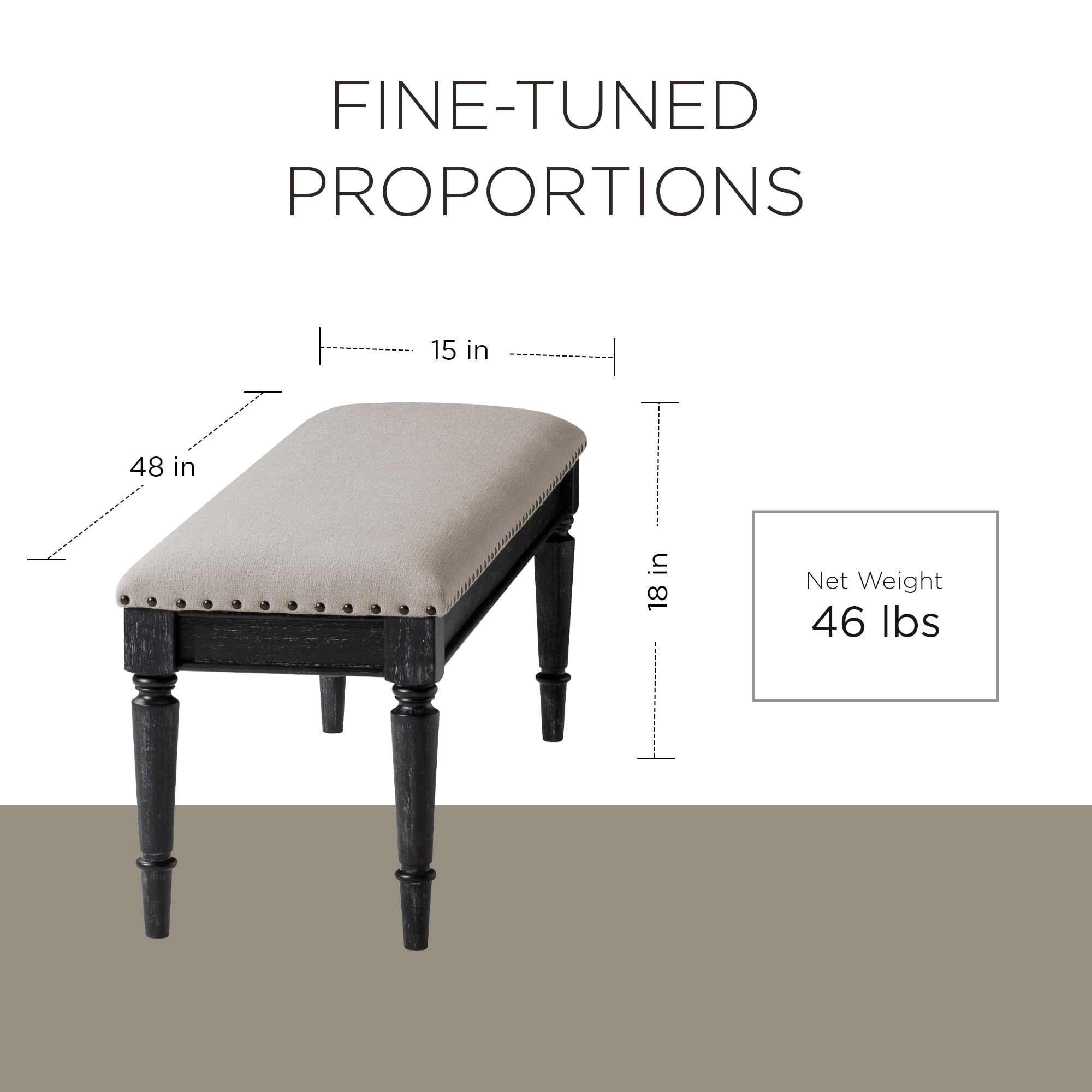 Elizabeth Traditional Wooden Upholstered Bench with Padded Seat - Antique Black Finish for Kitchen, Dining Room, Entryway & Bedroom | Stylish Seating Solution for Home Decor