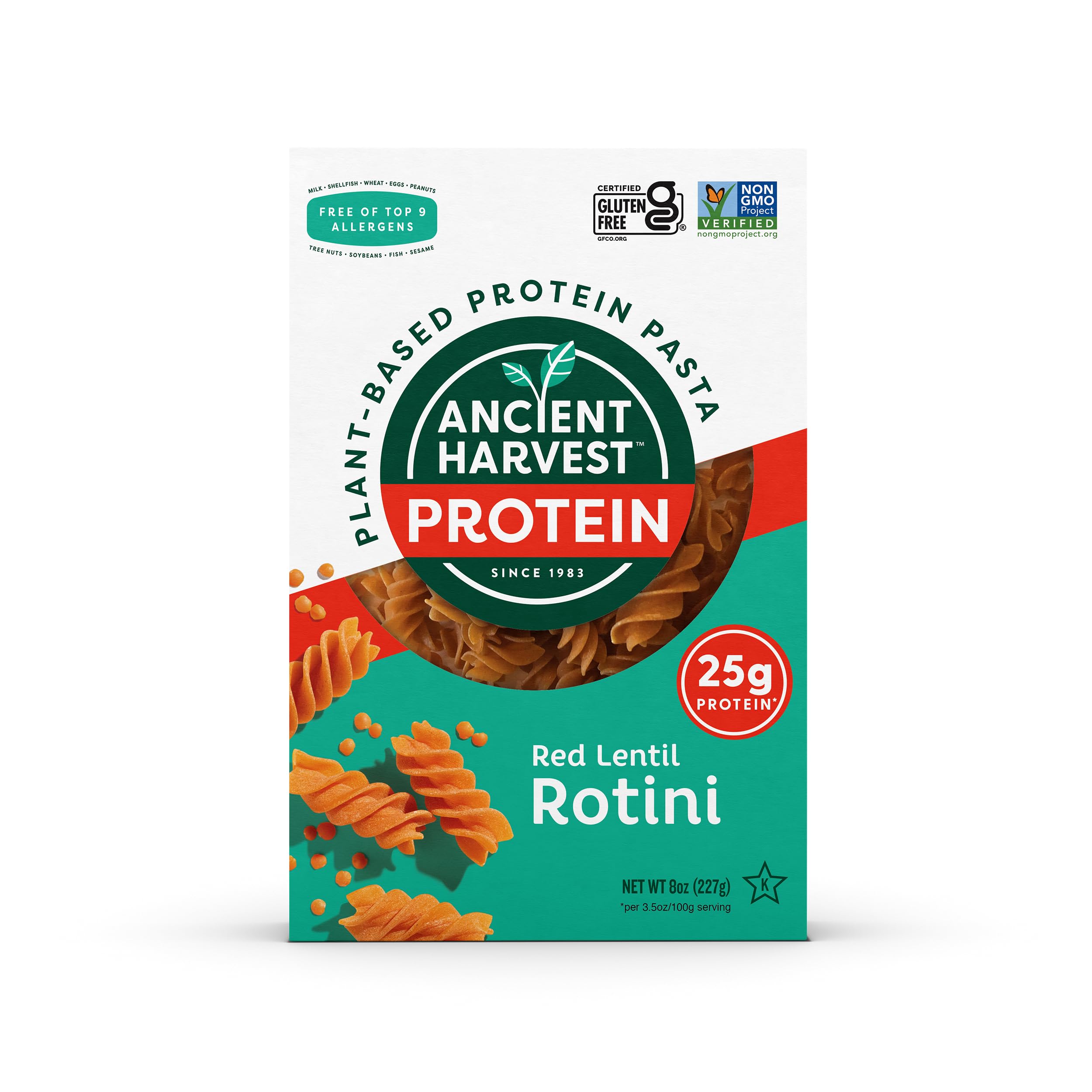 Ancient Harvest Gluten-Free High-Protein Vegan Pasta - Red Lentil & Quinoa Rotini, 8oz (6-Pack) | Plant-Based Protein Pasta for Healthy Meals, Vegan Diets & Gluten-Free Cooking
