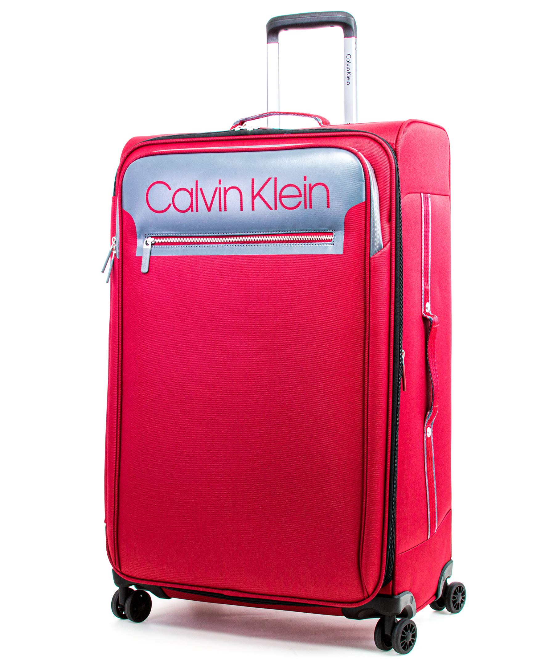 Calvin Klein Flare Softside Spinner Luggage 29 Inch - Lightweight Expandable Suitcase with 360° Wheels, Grey/Red | Perfect for Business Travel & Family Vacations