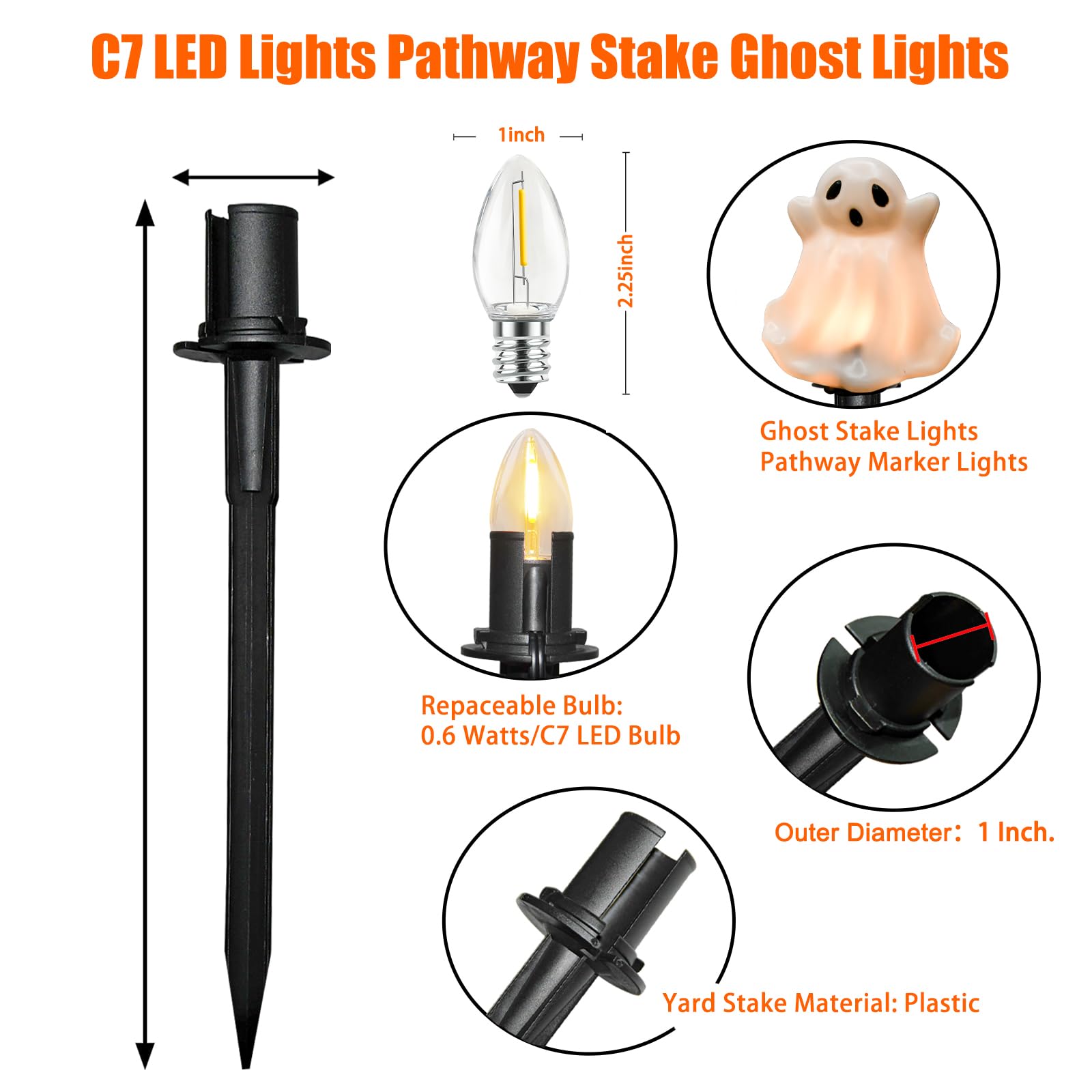 Ghost Pathway Lights Outdoor - Set of 4 Connectable Halloween Stake Lights with C7 LED Bulbs for Yard, Walkway & Garden Decor | Spooky Party & Pathway Lighting for Halloween Decorations