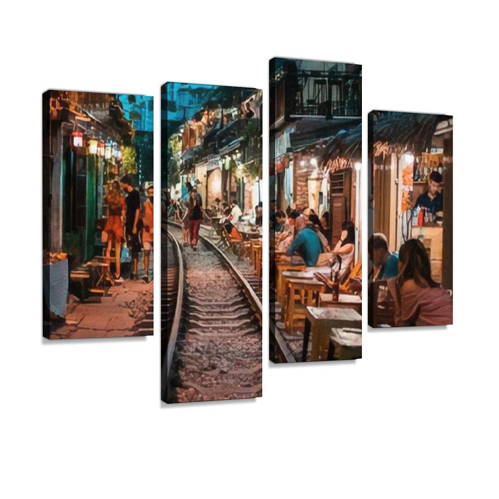 IGOONE 4-Panel Canvas Wall Art - Hanoi Vietnam Train Street Restaurant Scene Painting, Modern Framed Poster for Living Room & Bedroom Decor | Ready to Hang Home Decoration | Perfect for Housewarming Gift & Apartment Wall Decor