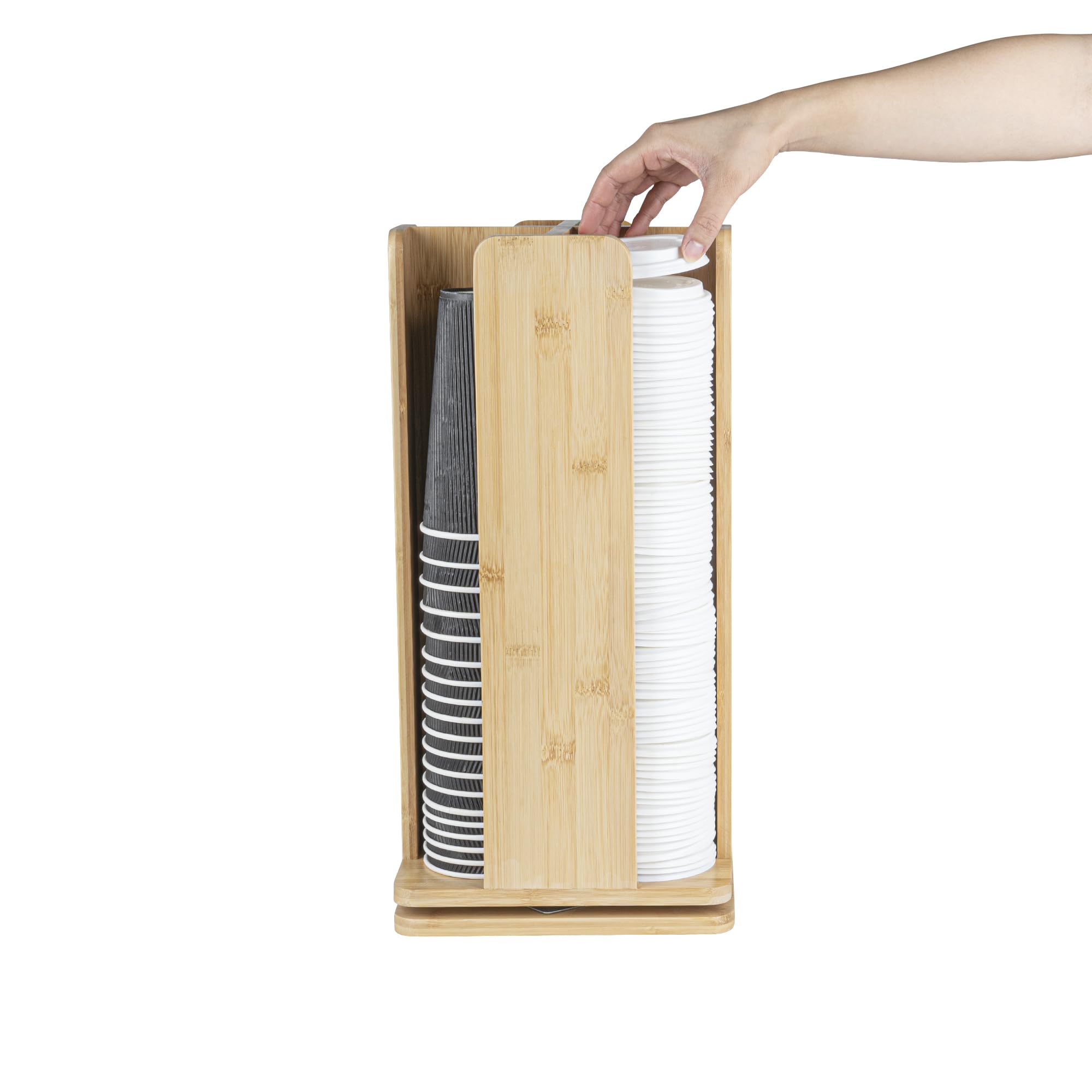 Restaurantware Restpresso 9 x 18 Inch Coffee Cup and Lid Organizer - 4-Section Revolving Bamboo Cup Holder for Restaurants, Homes & Offices | Space-Saving Countertop Solution for Coffee Shops, Break Rooms & Cafés