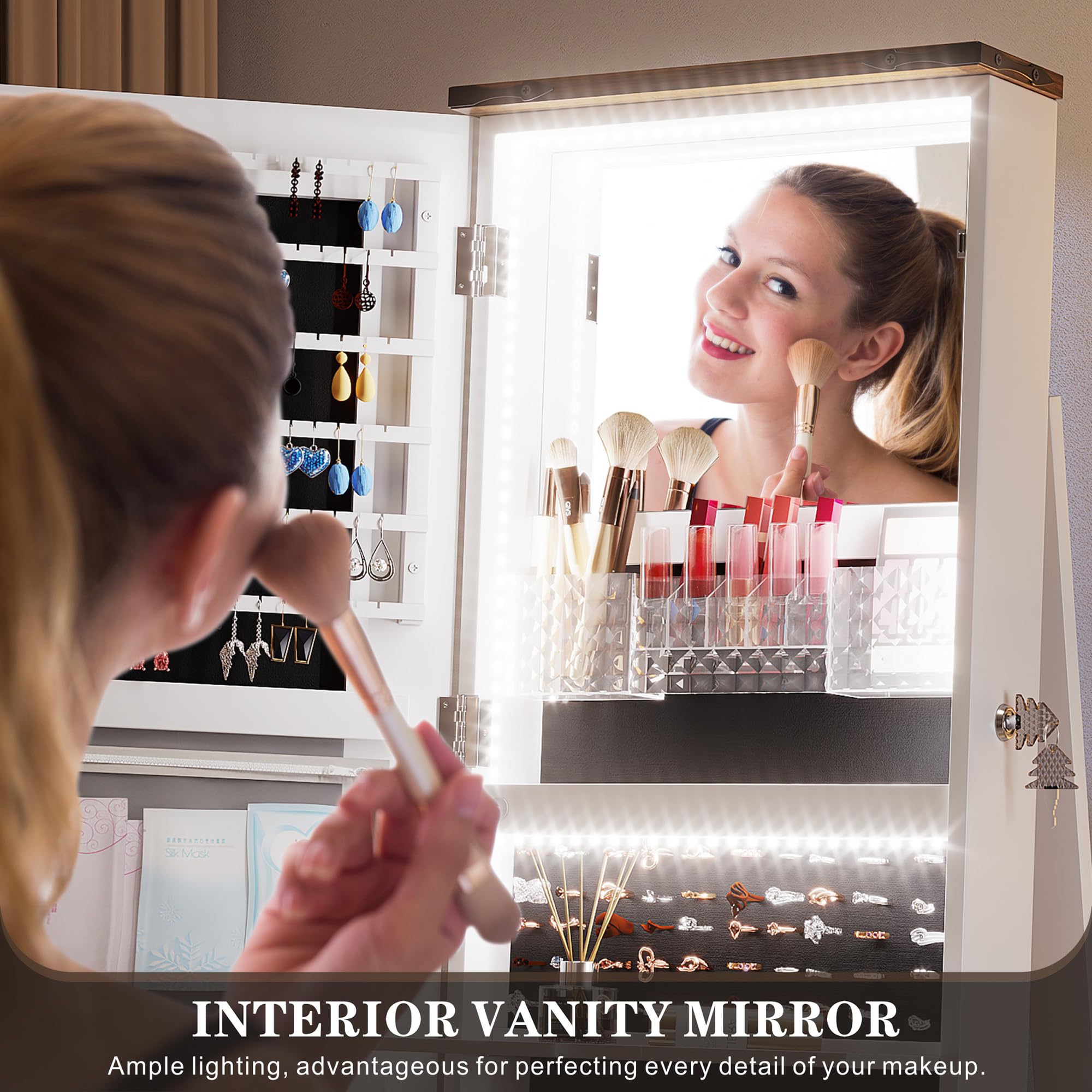 360° Swivel Jewelry Organizer with Full-Length Mirror & LED Lights - Jewelry Armoire Cabinet with Drawers - Large Mirror Storage for Jewelry & Makeup - Perfect Gift for Women, Mom, Wife & Teen Girls (White) - Ideal for Bedroom, Dressing Room & Closet Organization