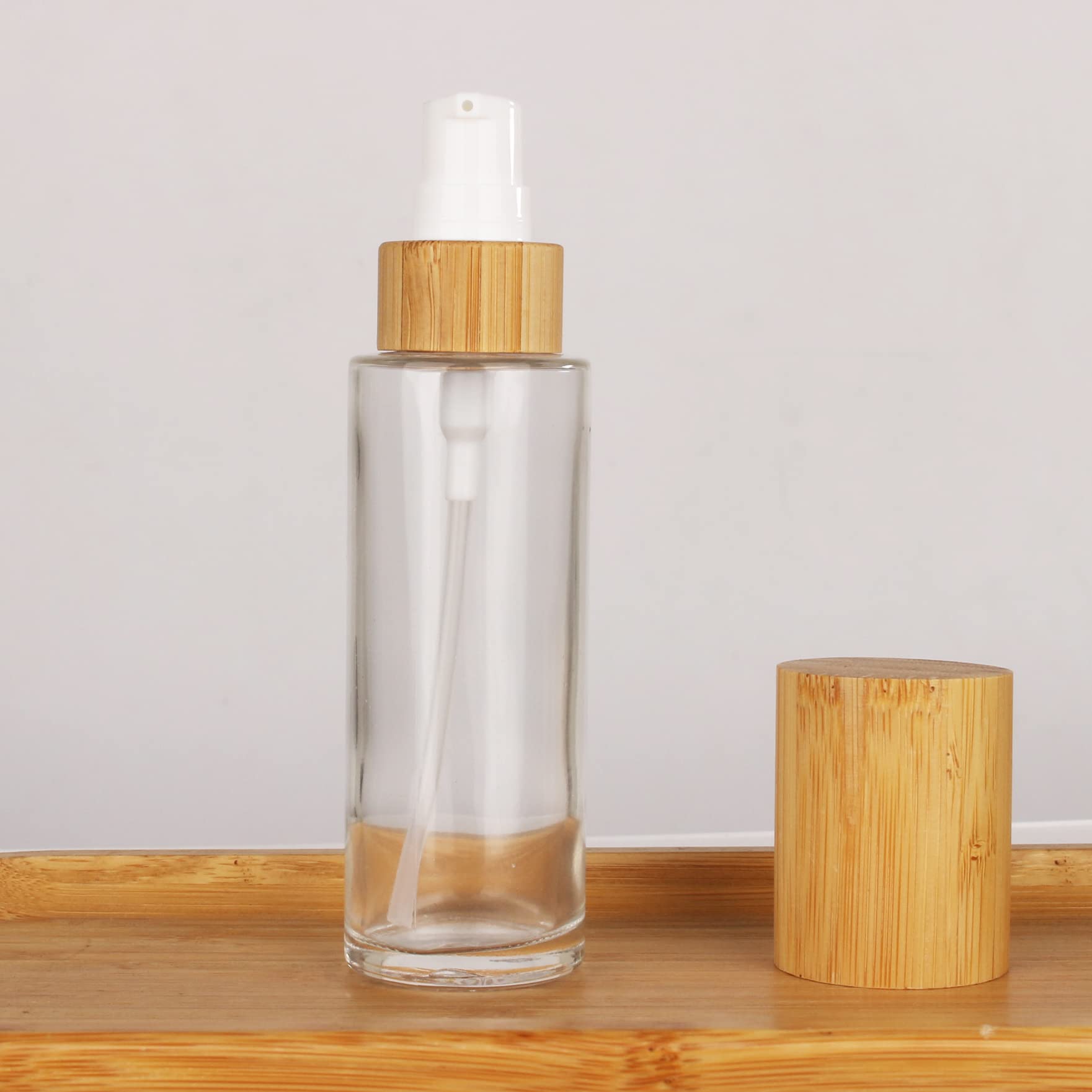 COSIDEA 6-Pack 2oz (60ml) Refillable Clear Glass Bottles with Bamboo Lids & Lotion Pump Dispenser - Travel-Sized Cosmetic Cream Containers for Toiletries, Skincare, and DIY Beauty Products - Perfect for Travel, Home, and Salon Use