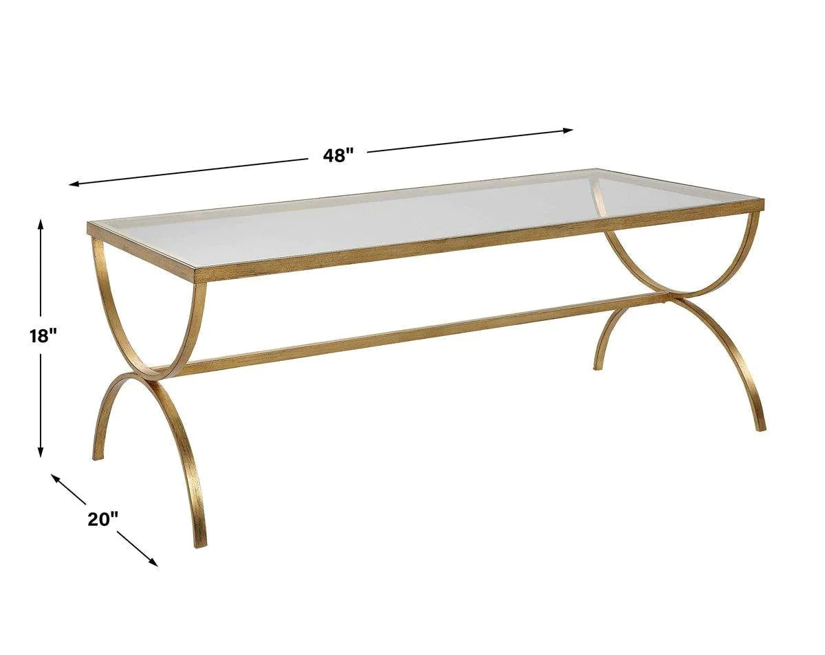 Antiqued Gold Forged Iron Coffee Table with Tempered Glass Top - Rustic Industrial Living Room Furniture for Home Decor & Entertaining