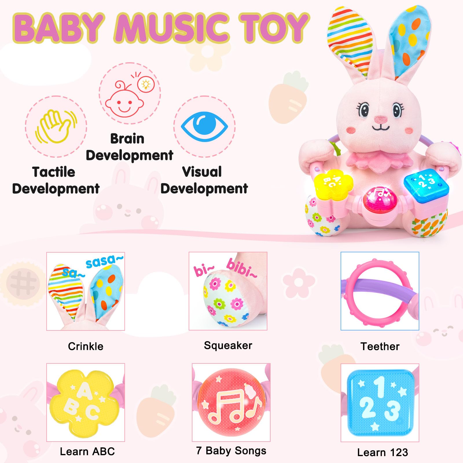 Bilingual Musical Rabbit Plush Toy - Light-Up, Crinkle & Melodies for Baby Early Learning | Soft Stuffed Animal for Tummy Time & Sensory Play | Perfect Gift for Infants 0-12 Months (Pink) - Ideal for Nursery, Playtime & Developmental Milestones
