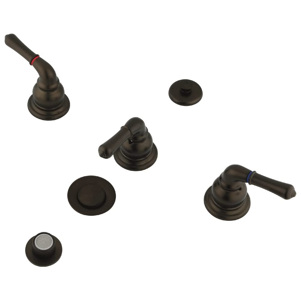 Kingston Brass KB325 Magellan 3-Handle Bidet Faucet with Brass Pop-Up Drain - Oil Rubbed Bronze Finish - Perfect for Bathroom Renovation & Modern Toilet Upgrades