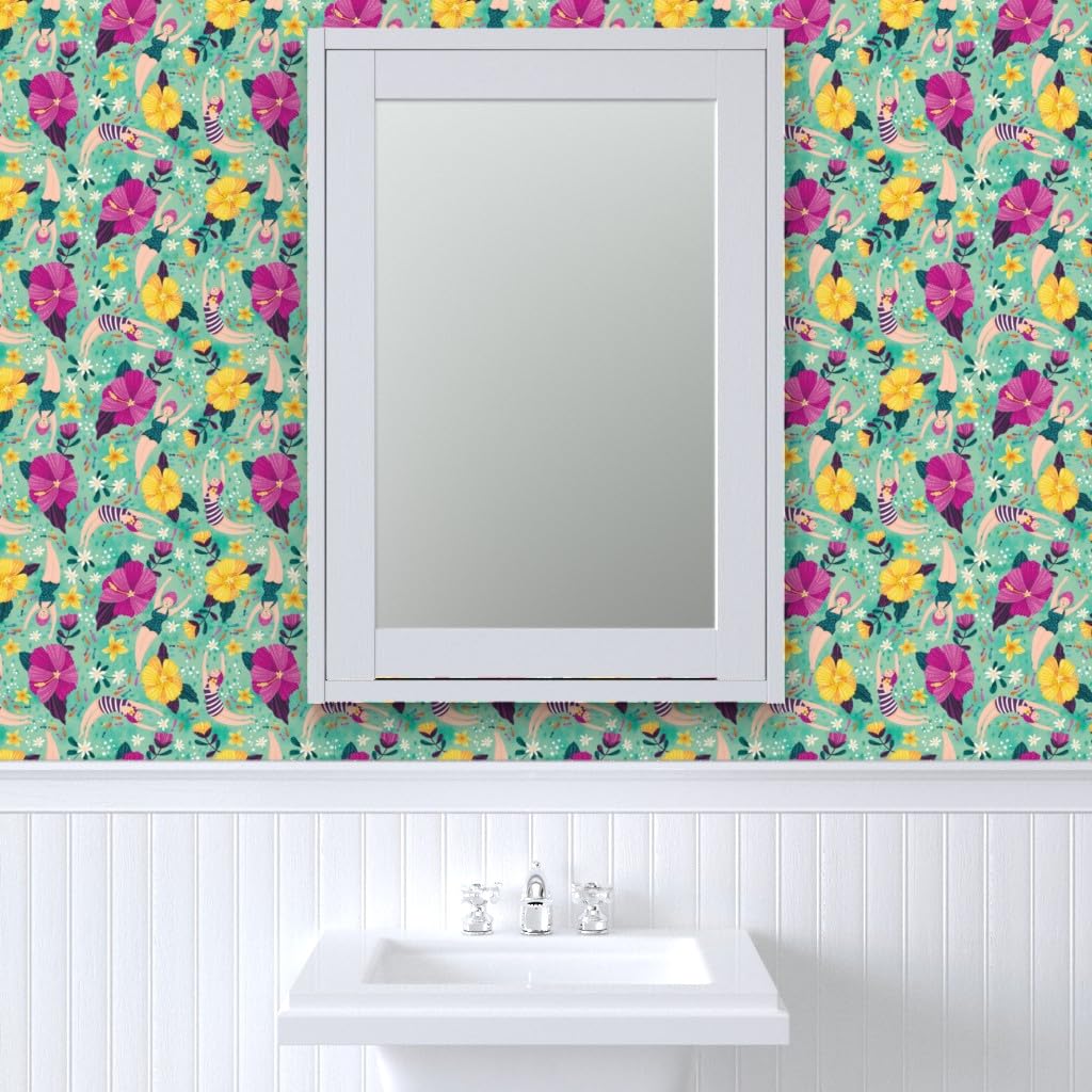 Peel & Stick Removable Wallpaper 9ft x 2ft - Underwater Ocean Theme with Hibiscus Flowers, Bubbles & Sea Animals | Self-Adhesive Custom Wallpaper for Bedroom, Nursery, or Bathroom Decor by Spoonflower