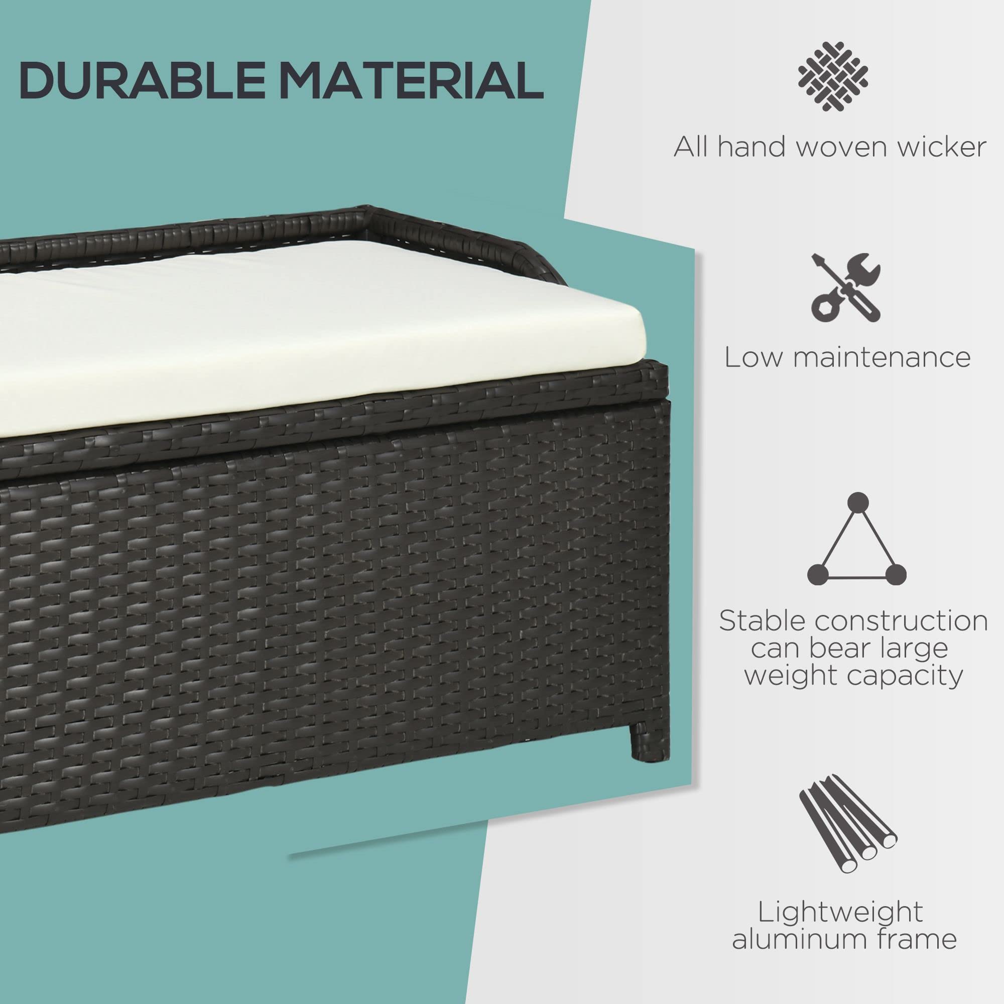 Outsunny 38 Gallon Outdoor Wicker Storage Bench Deck Box - Waterproof PE Rattan Patio Furniture with Cushion & Storage Bag - Perfect for Poolside, Garden, Deck, and Patio Organization