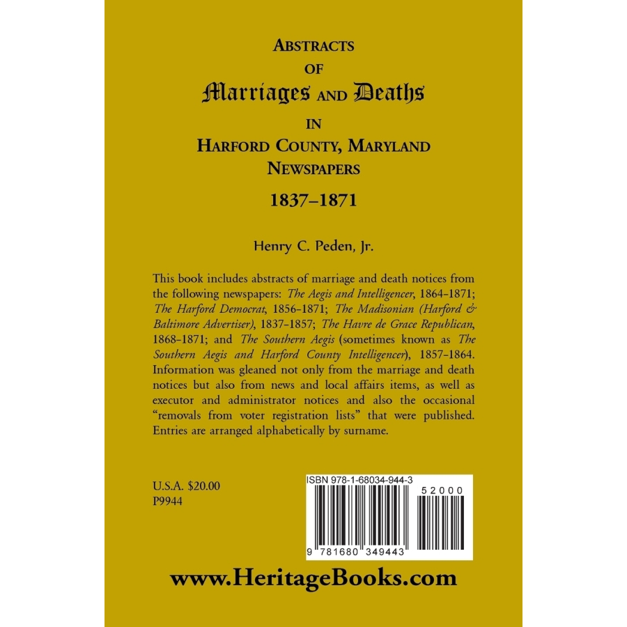 Abstracts of Marriages and Deaths in Harford County Maryland Newspapers 1837-1871 | Genealogy Research & Historical Records for Family History