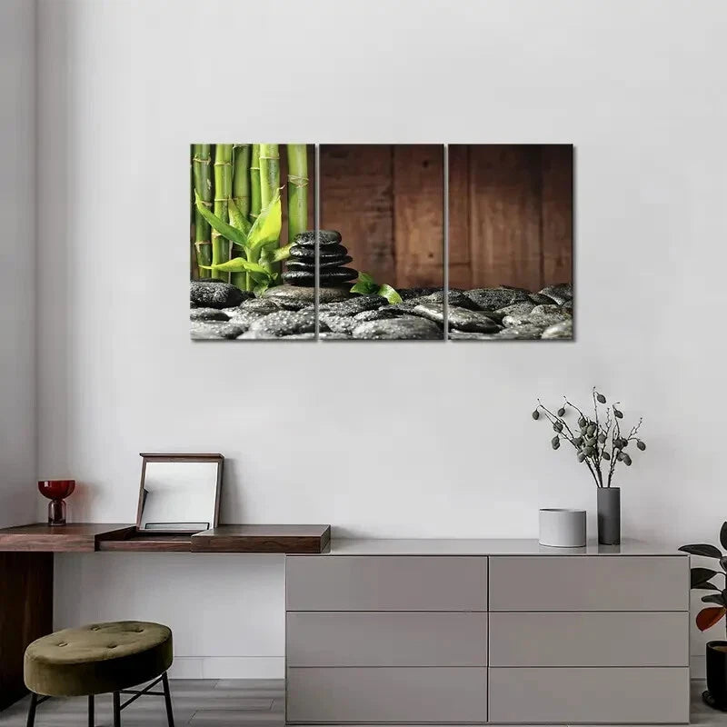 3-Piece Green Spa Wooden Background Metal Print - Ready to Hang Wall Art for Relaxing Bathroom, Bedroom & Living Room Decor
