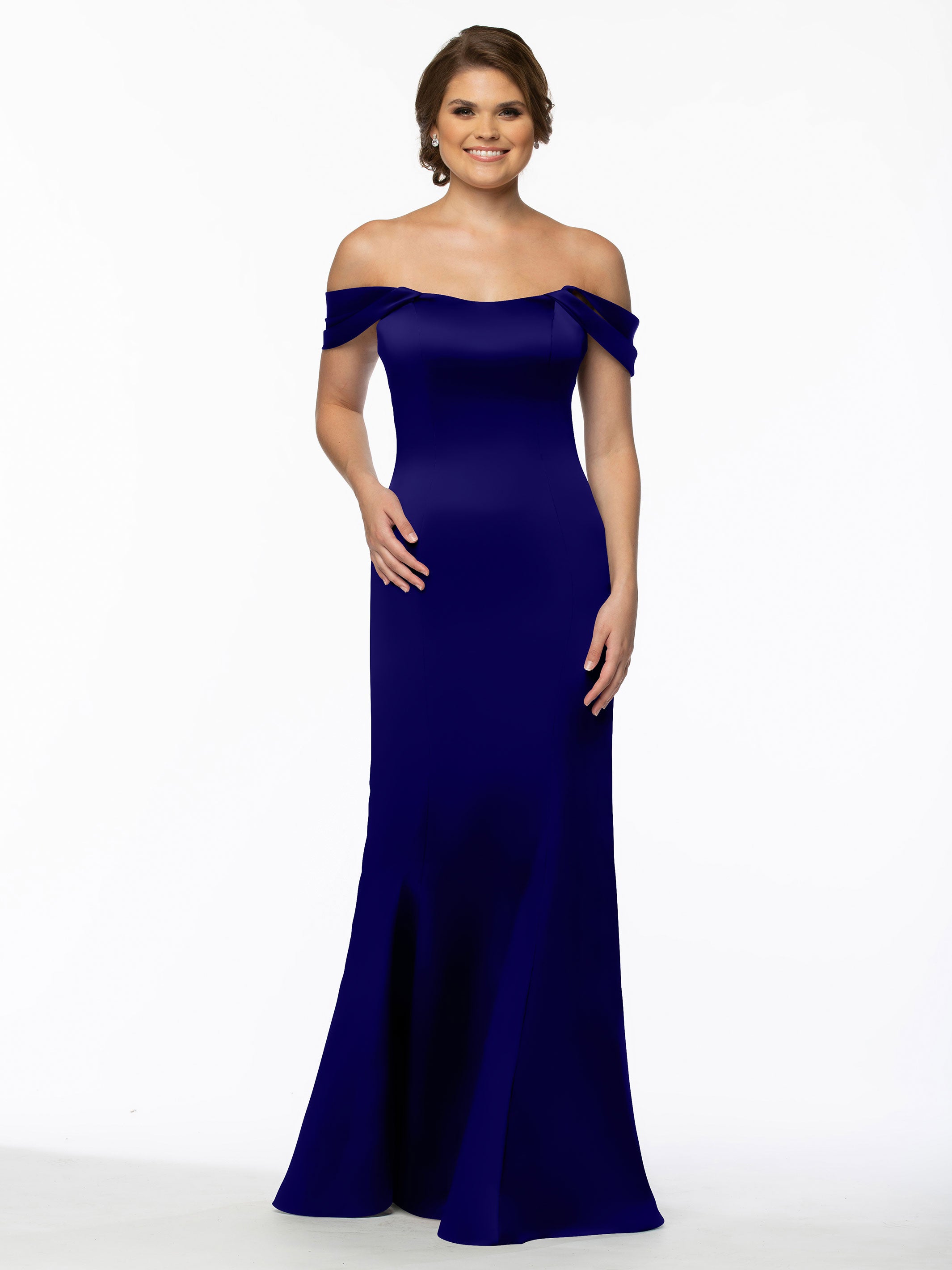 Elegant 80151 Fitted Satin Bridesmaid Dress with Off-The-Shoulder Sleeves - Perfect for Weddings, Formal Events & Special Occasions