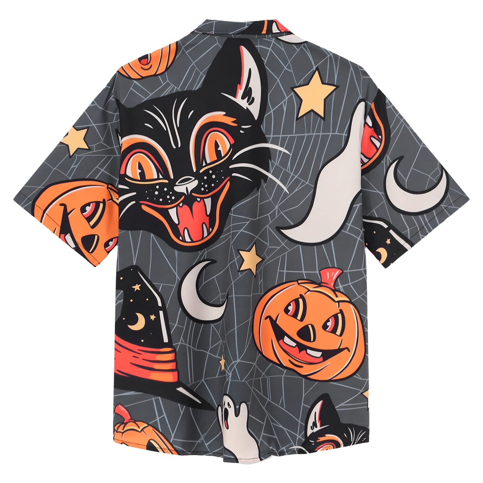 CHICTRY Men's Halloween Pumpkin Cat Print Button Down Hawaiian Shirt - Cosplay Costume, Beachwear & Casual Summer Tops for Party, Vacation and Theme Events
