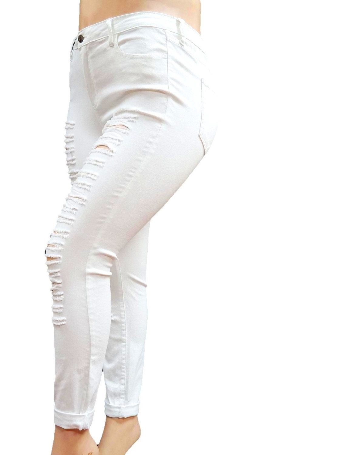 Jack David Women's Plus Size Ripped Skinny Jeans - Distressed Stretch Denim Pants in White & Black | Perfect for Casual Outfits, Streetwear & Everyday Wear