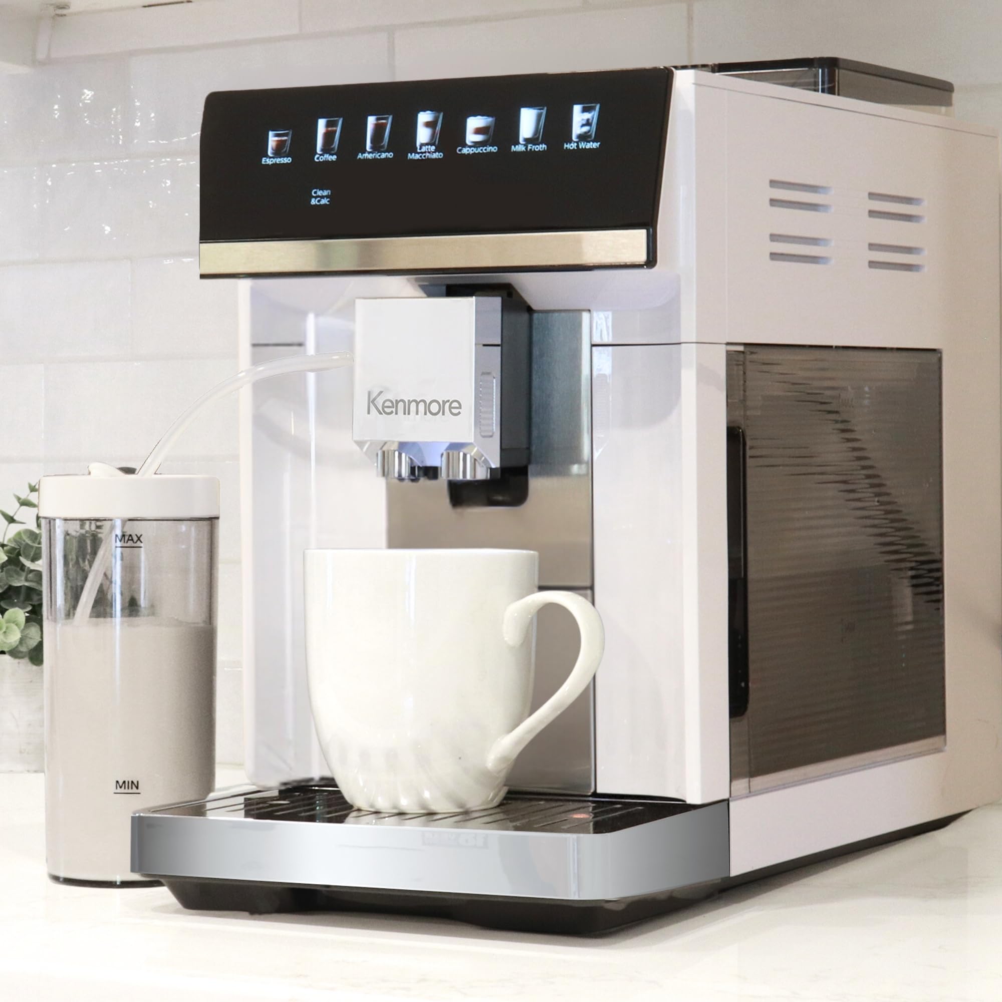 Koolatron Kenmore Fully Automatic Espresso Machine with Built-in Grinder, Milk Frother & Auto Tamper - Professional Barista Style for Cappuccino, Latte - Perfect for Home, Office & Coffee Shops (White)